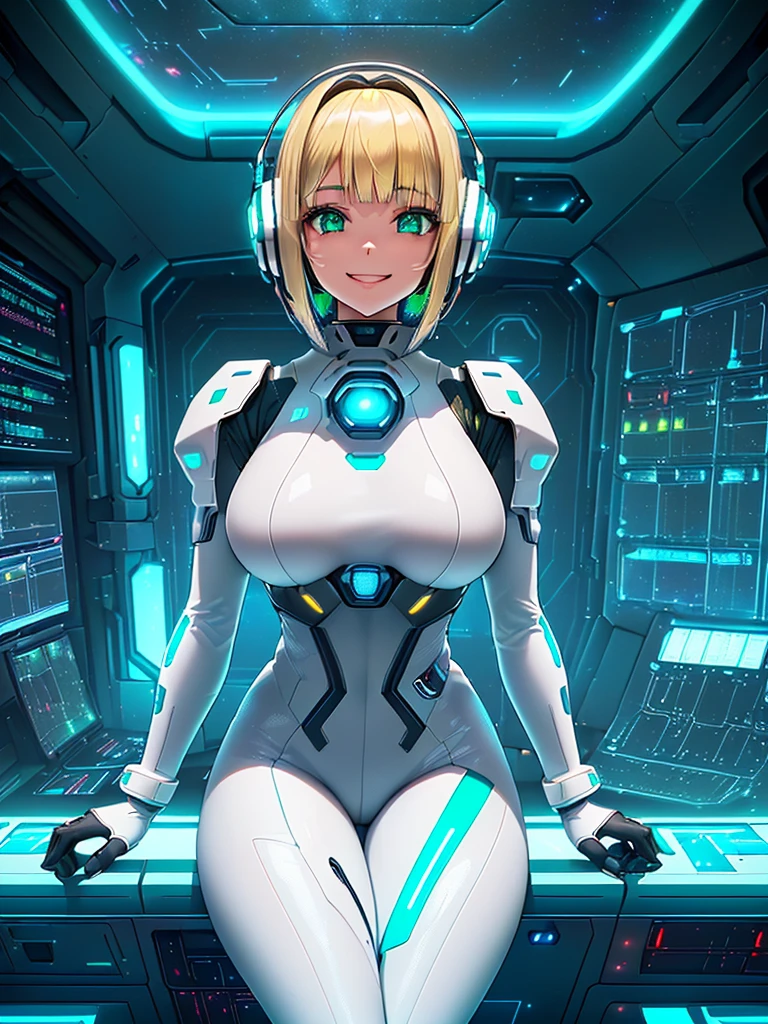 ​masterpiece:1.4, 1girl in ((20yr old, Dressed in a tight futuristic bodysuit in white and silver, long boots, huge-breasted, Multicolored blonde hair, bob cuts, Perfect model body, Green eyes:1.4, Wearing headphones, Flirting, Happy, Big smile, Looking out the window of the futuristic sci-fi space station、While admiring the beautiful galaxy:1.2, SFSF control room on night background:1.1, Neon and energetic atmosphere:1.2)) ((Galaxy)) ((Solo:1.6))