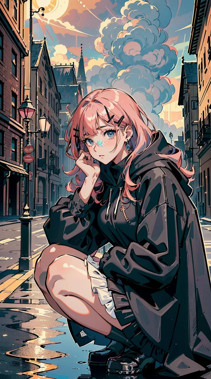 ((((frills,large black hoodie,rainstorm,))))((hands in pockets,squatting,))(Masterpiece illustration,Beautiful and aesthetic:1.2,head up,aim to sky), Best quality,Top quality, Epic quality,((((park,in the romanesque architecture streets ,in the baroque architecture ,outdoor,cloudy,))))(moonlight,moon glare, god light, shot,focus on face,))Neat face,underage,mature,Beautiful detailed hair,pink hair,hyper HD, retinas, Textured skin, A high resolution, 16k ,((hairclip,blunt bangs,sidelocks,middle hair,natural curly hair)),Detailed face, 1JK, lady,Solo, Perfect face, Very amazing girl,((covered by thin translucent cloth,skindentation,high waist skirt,black streaked blue coat,large cloak,metal earrings,spiral earrings)),rim-light