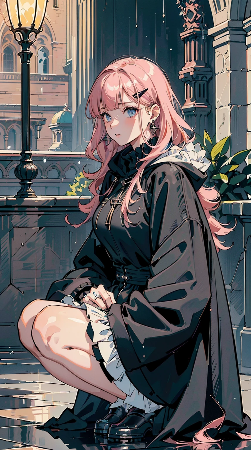 ((((frills,large black hoodie,rainstorm,))))((hands in pockets,squatting,))(Masterpiece illustration,Beautiful and aesthetic:1.2,head up,aim to sky), Best quality,Top quality, Epic quality,((((park,in the romanesque architecture streets ,in the baroque architecture ,outdoor,cloudy,))))(moonlight,moon glare, god light, shot,focus on face,))Neat face,underage,mature,Beautiful detailed hair,pink hair,hyper HD, retinas, Textured skin, A high resolution, 16k ,((hairclip,blunt bangs,sidelocks,middle hair,natural curly hair)),Detailed face, 1JK, lady,Solo, Perfect face, Very amazing girl,((covered by thin translucent cloth,skindentation,high waist skirt,black streaked blue coat,large cloak,metal earrings,spiral earrings)),rim-light