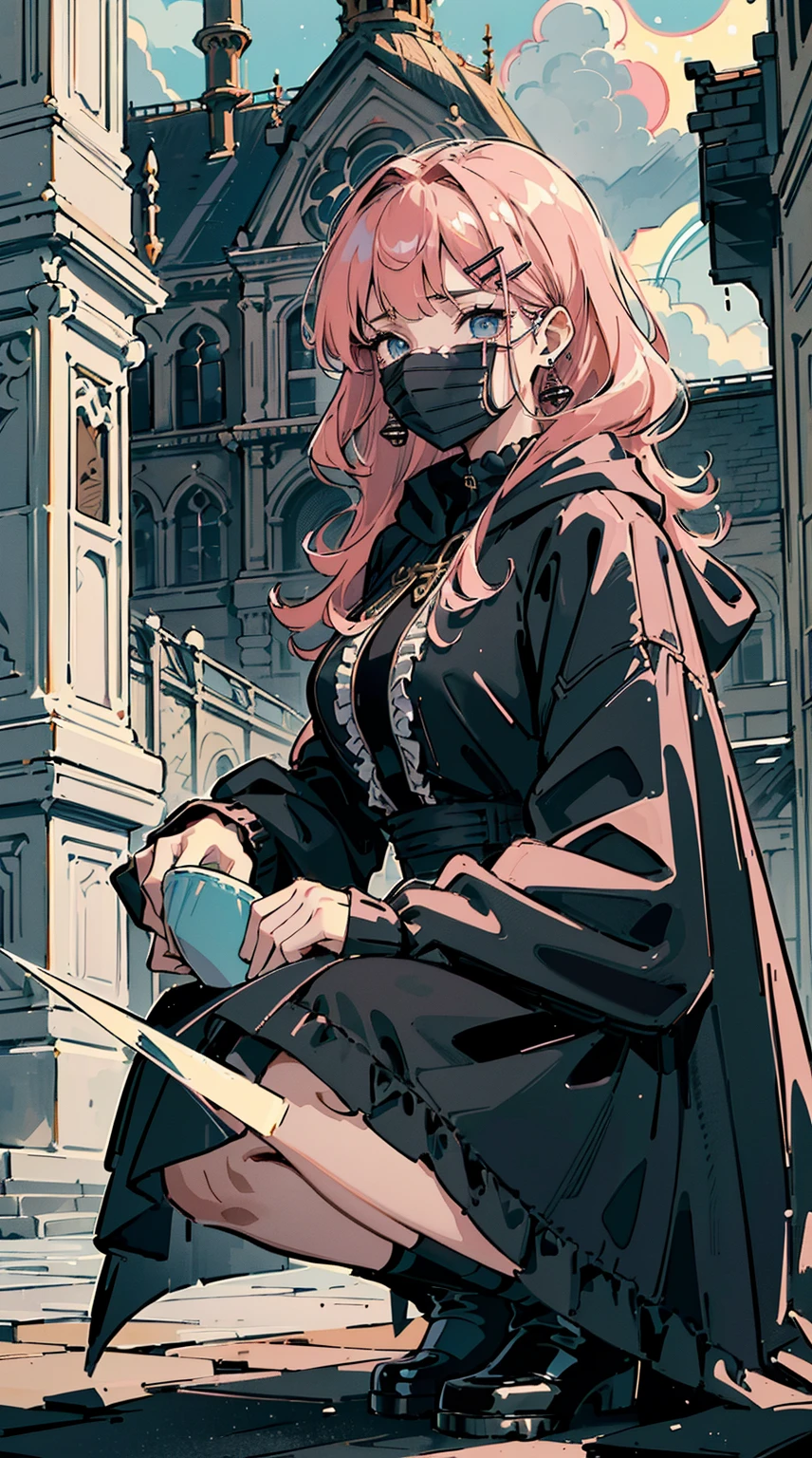 ((((frills,large black hoodie,rainstorm,))))((hands in pockets,squatting,))(Masterpiece illustration,Beautiful and aesthetic:1.2,head up,aim to sky), Best quality,Top quality, Epic quality,((((park,in the romanesque architecture streets ,in the baroque architecture ,outdoor,cloudy,))))(moonlight,moon glare, god light, shot,focus on face,))Neat face,underage,mature,Beautiful detailed hair,pink hair,hyper HD, retinas, Textured skin, A high resolution, 16k ,((hairclip,blunt bangs,sidelocks,middle hair,natural curly hair)),Detailed face, 1JK, lady,Solo, Perfect face, Very amazing girl,((covered by thin translucent cloth,skindentation,high waist skirt,black streaked blue coat,large cloak,metal earrings,spiral earrings)),rim-light