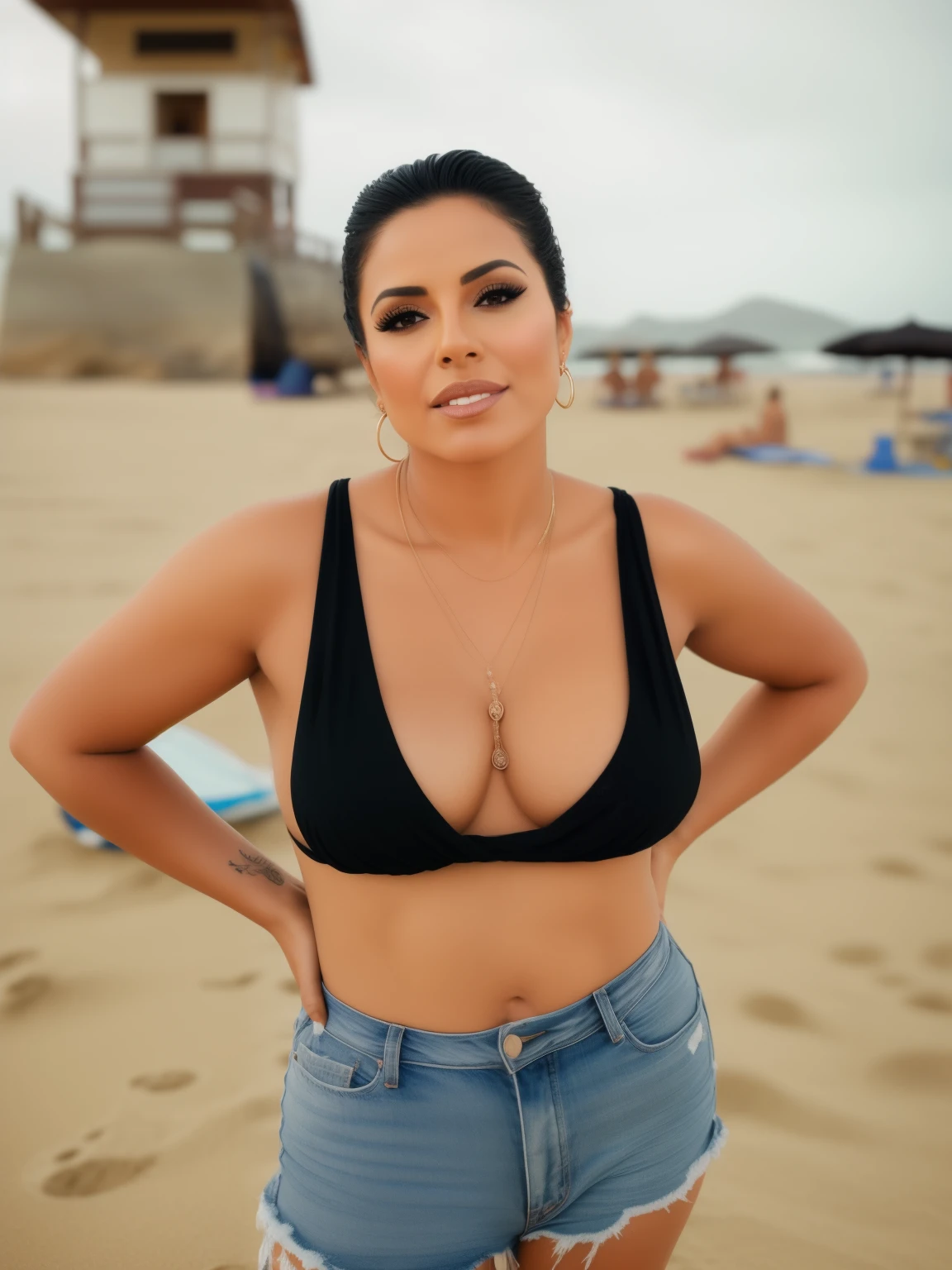 Mujer arafed con un tatuaje en el pecho de pie en una playa, Usar tatuajes shipibo, Hermosa mujer mexicana bronceada, her belly button is exposed, con tatuajes, Hermosa mujer mexicana, by Nándor Katona, posing on a beach with the ocean, en la playa, en una playa, no usa top ni bragas, posando en la playa desnuda