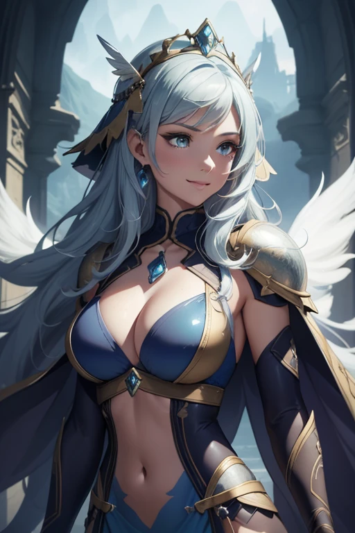a close up of a woman in a blue dress with a feathered headpiece, detailed fantasy art, epic exquisite character art, 2. 5 d cgi anime fantasy artwork, stunning character art, 4k fantasy art, pale blue armor, highly detailed fantasy art, detailed fantasy digital art, clothed in ethereal armor, fantasy art style, beautiful armor, beautiful fantasy art, , muscular athletic body, large smile