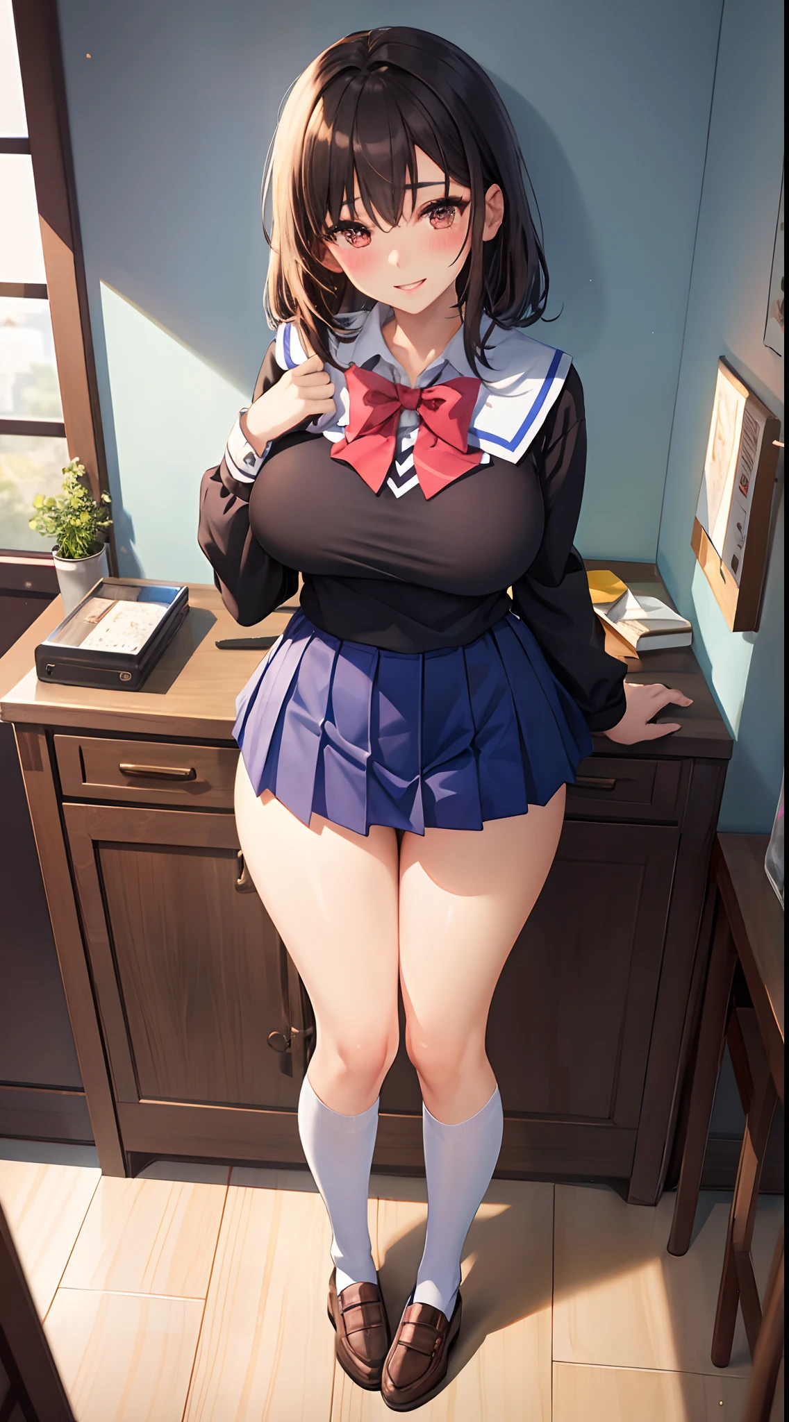 1girl in, Parted lips, blush, makeup, lightsmile, School uniform, Full body, Wide Angle, From above, crass room, llight rays, Glow, thighs thighs thighs thighs, 鎖骨, Narrow waist, (masutepiece), Wallpaper,Sheer blouse