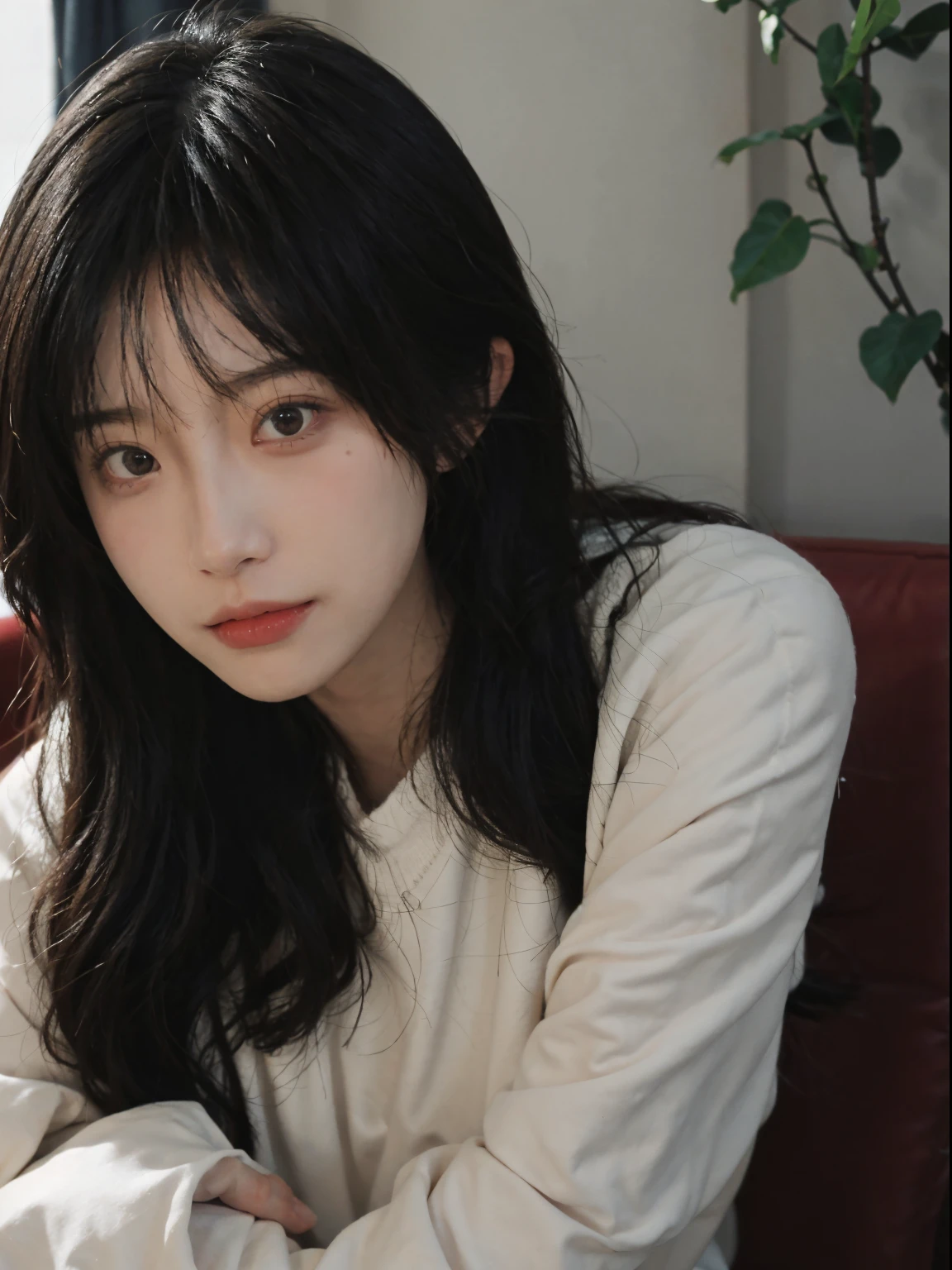 Best quality, 超高分辨率, (realistically:1.4), A woman with long black hair and a gray sweater, The medium scene is, In a ray of sunlight,She has black hair,through bangs, young lovely Korean faces, Cute Korean face, Urzans, Shin Jinying, beautiful aesthetic face, Korean facial features, Played by Liu Li Zhien ,beautiful realistic face