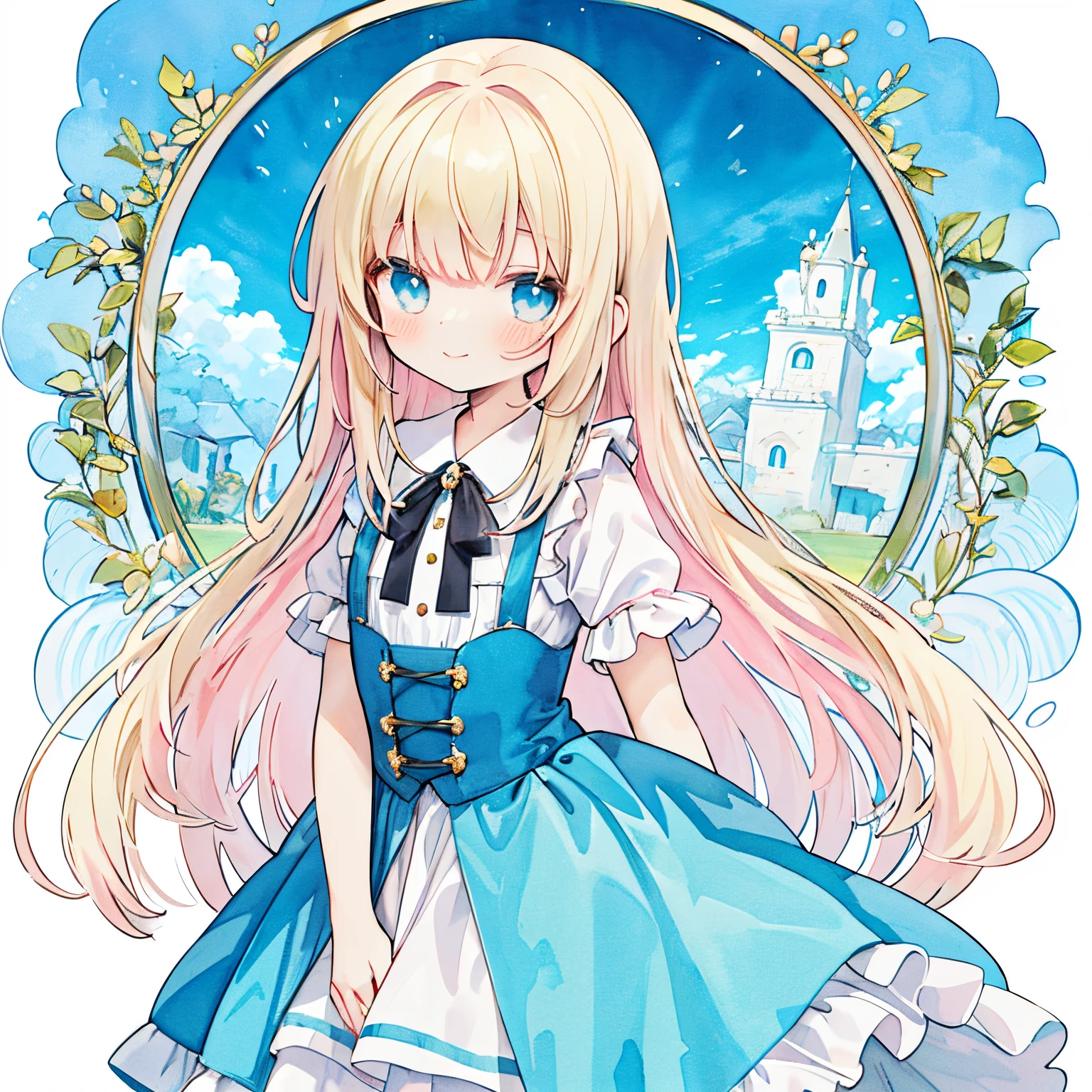 Transparent watercolor,girl,Jewel Eyes,Beautiful arrangements and motifs,Pink、A slight smil、 Alice in Wonderland Style Girl,In the style of Victorian era clothing, Dreamy motifs, Light blue dress, cottagecore, White and azure, Layered patterns, Female anime character wearing a blue dress and white top, alice from alice in wonder land, loli in dress, splash art anime loli, small curvy loli, Alice, Cute anime waifu in a nice dress, like alice in wonderland, blonde anime girl with long hair, Anime girl named Lucy, alice in wonderland style, (Anime Girl)