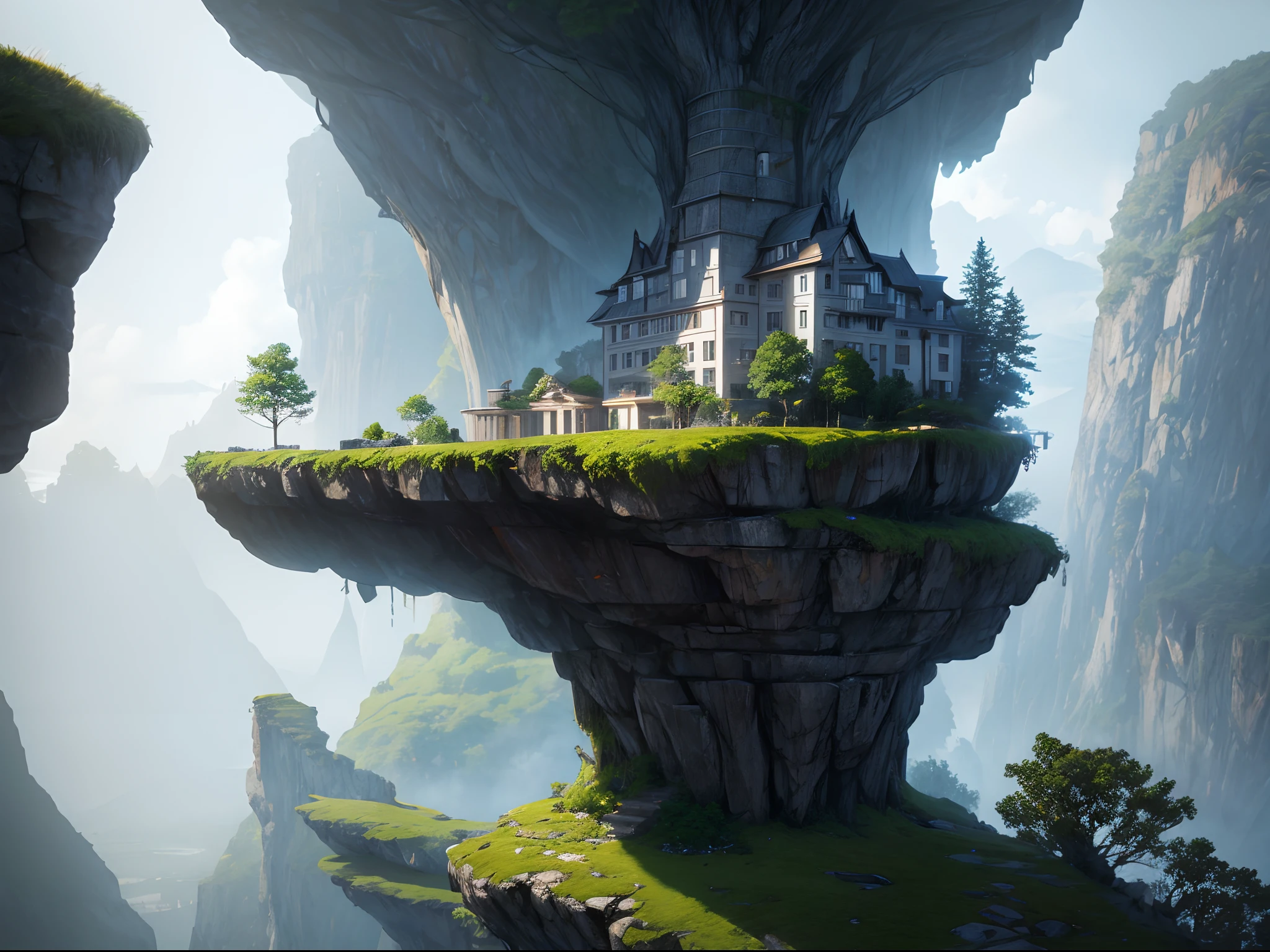 a house that was grown from a tree in the mountains in the architectural style of (Albert Frey). The tree's roots and branches were trained to create the walls of the structure. Large rock wall. The branches are lush and green. Overflowing with leaves and branches. Epic digital art of futuristic a building surrounded by mossy rocks and cliffs, large windows, trending in artstation, octane render, HDR