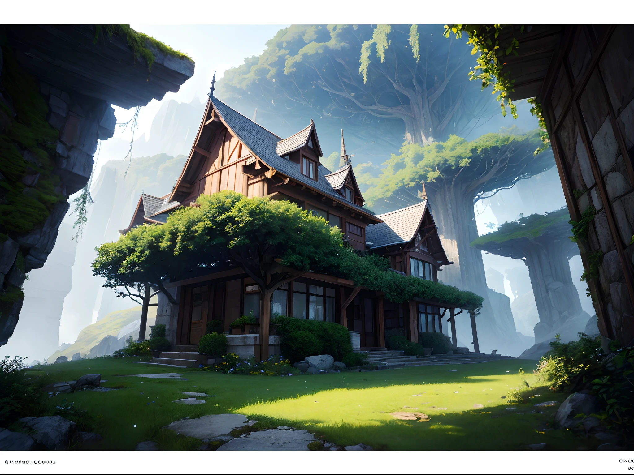 a house that was grown from a tree in the mountains in the architectural style of (Albert Frey). The tree's roots and branches were trained to create the walls of the structure. Large rock wall. The branches are lush and green. Overflowing with leaves and branches. Epic digital art of futuristic a building surrounded by mossy rocks and cliffs, large windows, trending in artstation, octane render, HDR