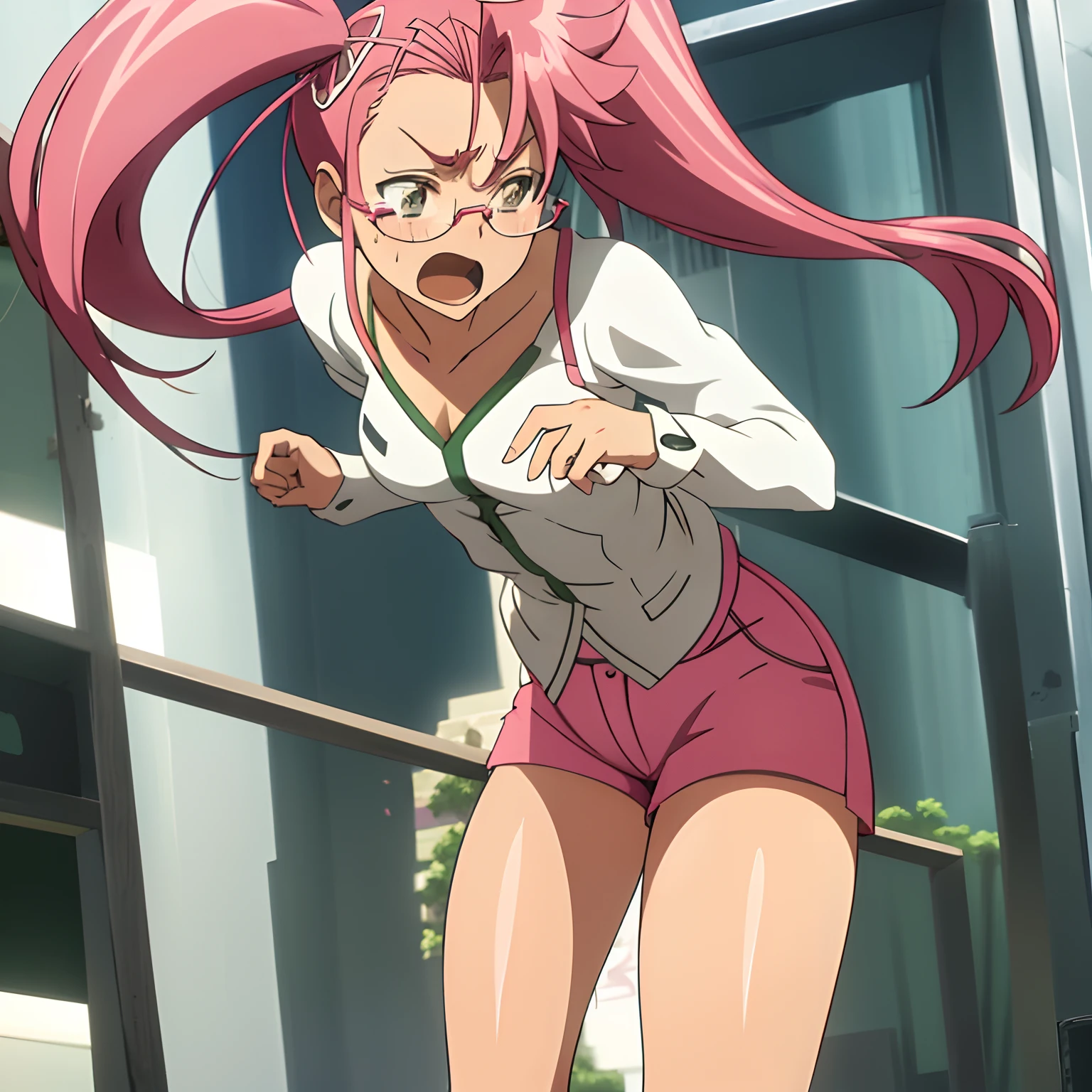 1girl, alone,micro shorts,
takagi saya, twintails, pink shorts, glasses,, masterpiece, best quality, highly detailed,pink hair