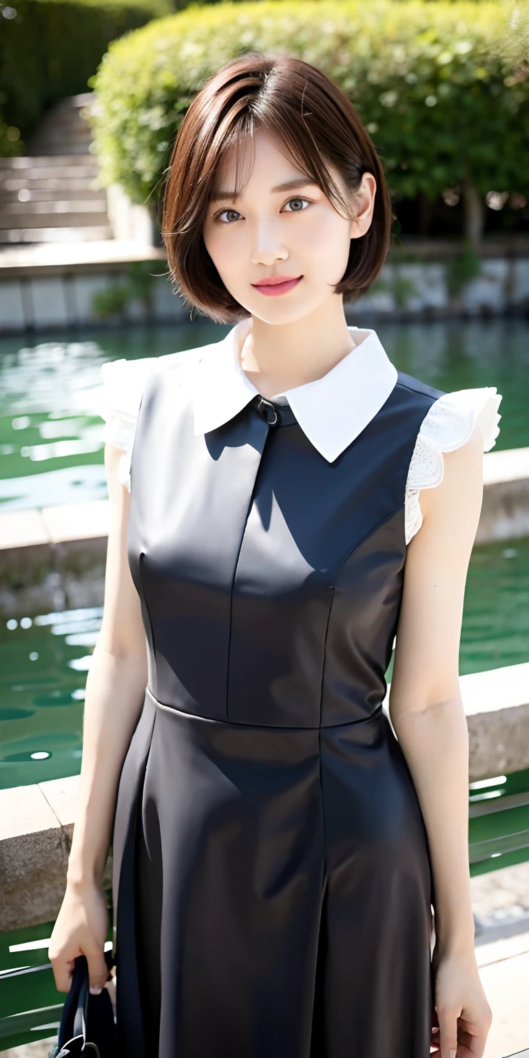 Pixie cut, beautiful girl who looks exactly like Kai Kokoai of STU48, Kai Kokoai, Exactly like Kai Kokoai, smile, STU48's favorite person, STU48's 3rd single "I love you" costume, STU48 single lover costume, Very short hair, more short hair, short short hair, short short hair, dark brown hair, 1 girl, 18 years old, photo, realistic, top quality, detailed face, strong sunlight, sea, embankment, detailed background, diffused sunlight, depth of field, bokeh (best quality: 1.2), (masterpiece: 1.2), looking at the viewer, knee-length long dress with white short-sleeved collar, with collar, long dress, best smile, more thin light blue stripes,