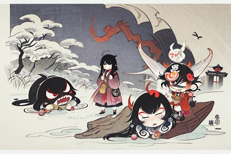 best quality, Estilo de Hokusai, ukiyo-e, Hyakki Yagyō, Japanese Old Monster Parade,
Chōchin-oiwa, Kidōmaru, Nekomata, Tsuchigumo, akaname, Chōchinobake, Daidarabotchi, Futakuchi-onna, Gaki, Gashadokuro, Gyūki, Hitodama, Hitotsume-kozō, Hitotsume-nyūdō, Hone-onna, Momentos Kappa, Kasa-obake, Kasha, Mokumokuren, Nurikabe, Oboroguruma, OIWA, eles, Rokurokubi, Kamaitachi, Taka-onna, Sunakake-baba, Umibōzu, Umi-nyōbō, Wanyūdō, Yamajijii, Yama-uba, Yuki-Onna, Zashiki-warashi, noppera-bō