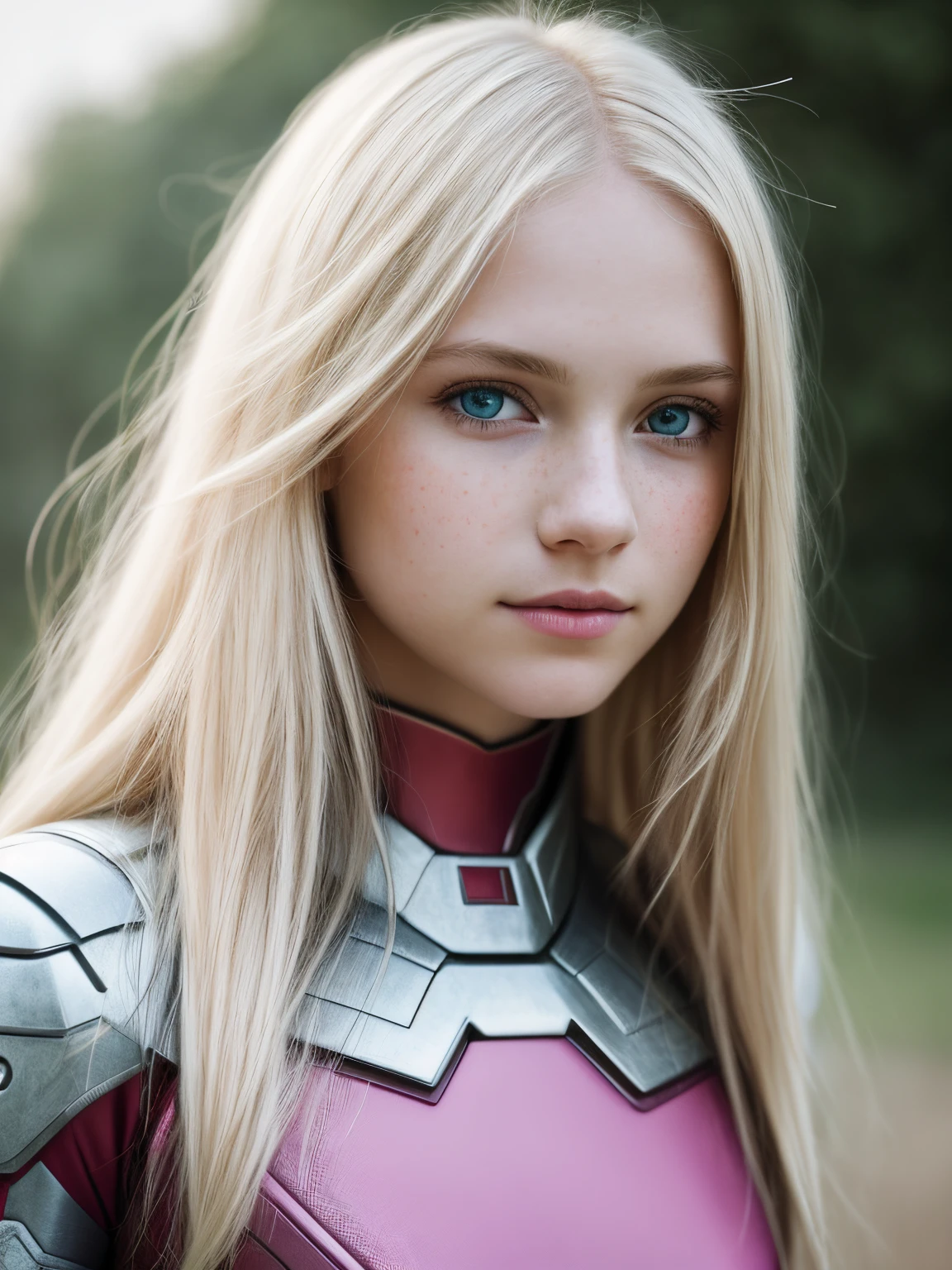 close up 1girl in, teenager, Solo, Aesthetic artwork, blond, straight blonde hair, super long blonde hair, light blue eyes, some small freckles, pale skin, small breasts, runners body, (thin hips, thin waist: 1.1), detailed skin, shy smile, wearing dart black pink ironman armor, light blooms, fullbody shot, smoky background, 24mm, 4k textures, soft cinematic light, RAW photo, photorealism, photorealistic, intricate, elegant, highly detailed, sharp focus, ((((cinematic look)))), soothing tones, insane details, intricate details, hyperdetailed, low contrast, soft cinematic light, dim colors, exposure blend, hdr, faded