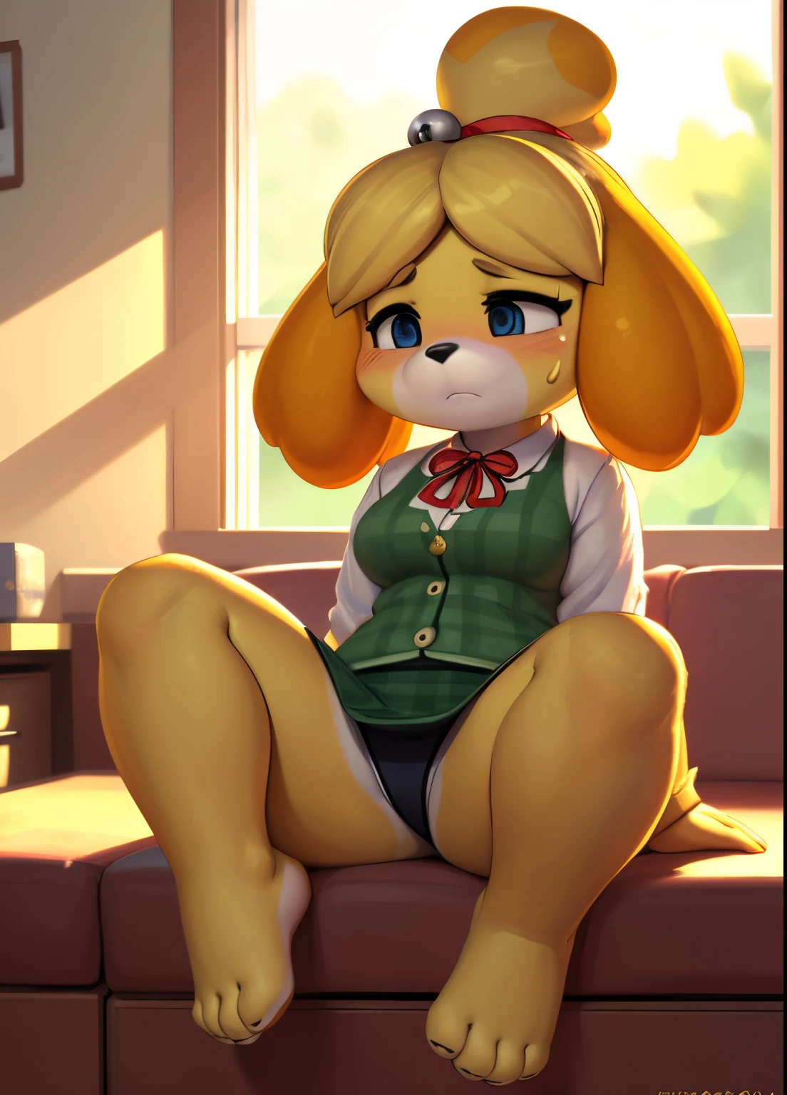 [isaCrossing], [Isabelle; Animal Crossing], [Uploaded to e621.net; (Pixelsketcher), (wamudraws)], ((masterpiece)), ((solo portrait)), ((front view)), ((feet visible)), ((furry; anthro)), ((detailed fur)), ((detailed shading)), ((beautiful render art)), {anthro; yellow fur, black nose, cute half-closed blue eyes, sweat on face, (expressionless), (blushing), blonde hair, (red bell hair-tie), topknot, fluffy tail, (beautiful feet)}, {(office woman), (red ribbon), (orange sweater), (white shirt), small boobs, (panties), (short green pencil skirt)}, {(sleeping), (sitting on couch), (legs spread open), (looking down}, [background; (office), (window), (sun rays)]