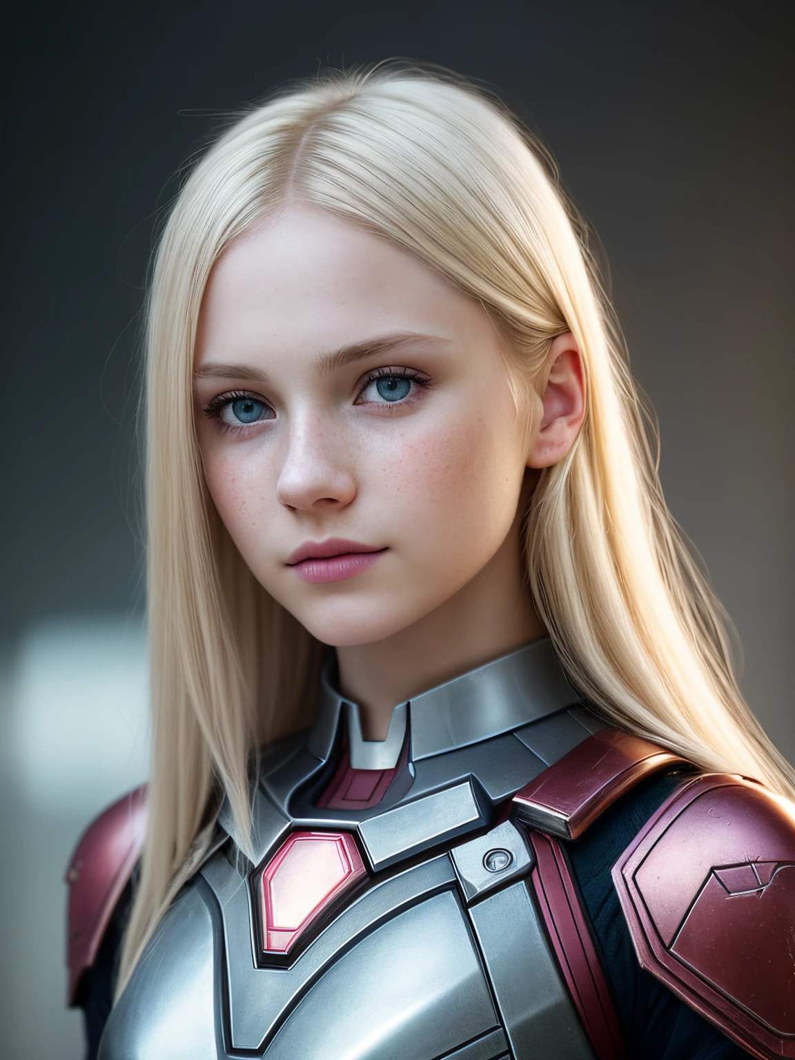 close up 1girl in, teenager, Solo, Aesthetic artwork, blond, straight blonde hair, super long blonde hair, light blue eyes,  some small freckles, pale skin, small breasts, runners body, (thin hips, thin waist: 1.1), detailed skin, shy smile, wearing dart black pink ironman armor, light blooms, fullbody shot, smoky background, 24mm, 4k textures, soft cinematic light, RAW photo, photorealism, photorealistic, intricate, elegant, highly detailed, sharp focus, ((((cinematic look)))), soothing tones, insane details, intricate details, hyperdetailed, low contrast, soft cinematic light, dim colors, exposure blend, hdr, faded