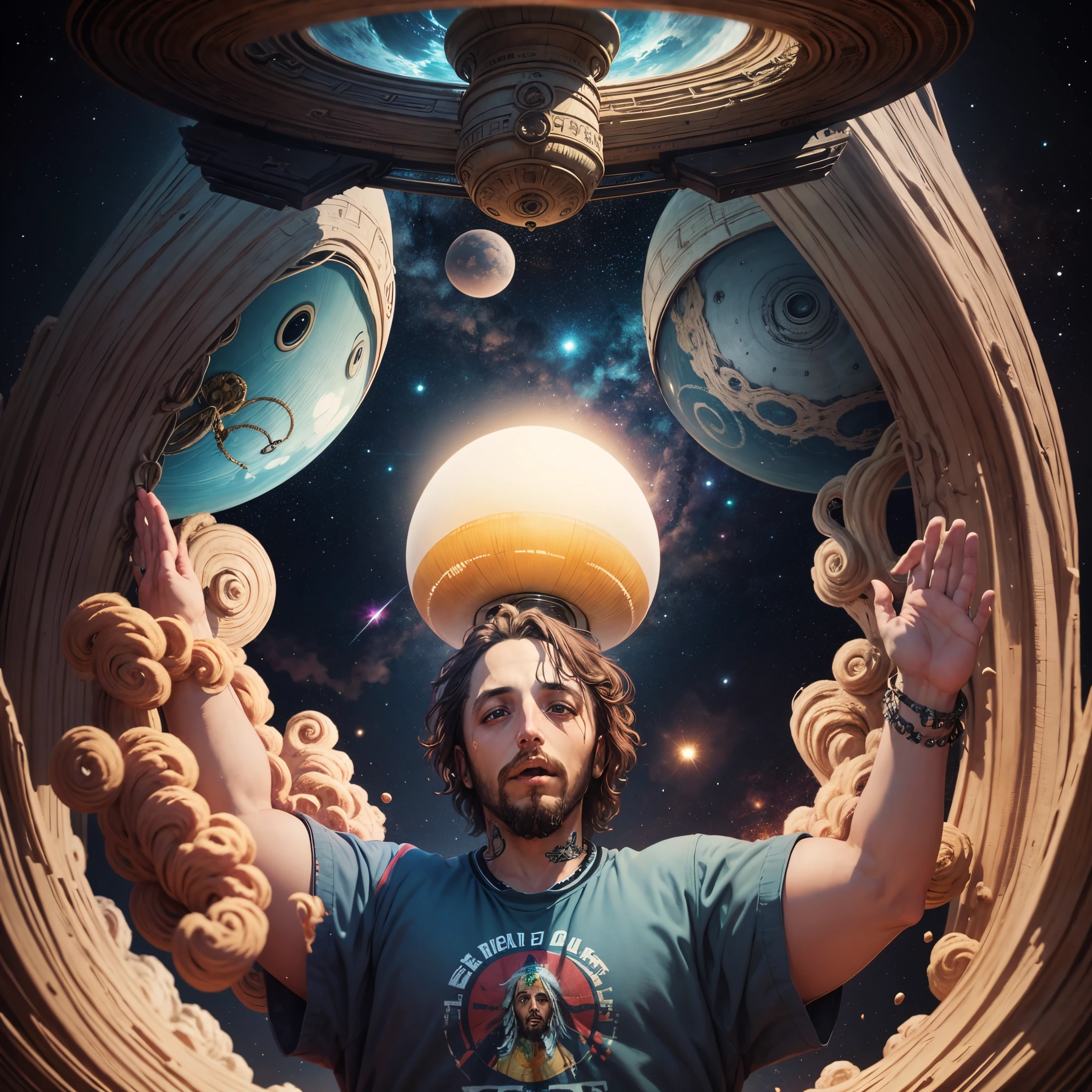 The white  Rastafari raises an arm towards the flying saucers, as if trying to connect with these mysterious entities. His face conveys a mixture of curiosity, amazement and respect for the immensity of the universe and the existence of life forms beyond our planet.