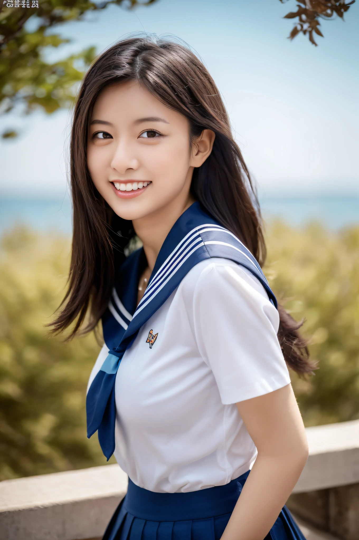 8K raw photo, Best quality, masterpiece, ultra high res, 3d, realistic, 1girl, asian, black_hair, black_sailor_collar, long_hair, nose, school_uniform, neckerchief, natural skin texture, light brown_eye, detailed eyes and face, lips, lipstick, smile, teeth, beautiful legs, enormous breasts, beautiful seaside location, (detailed background), plaid skirt, white shirt, enormous breast, blurry background, short sleeves