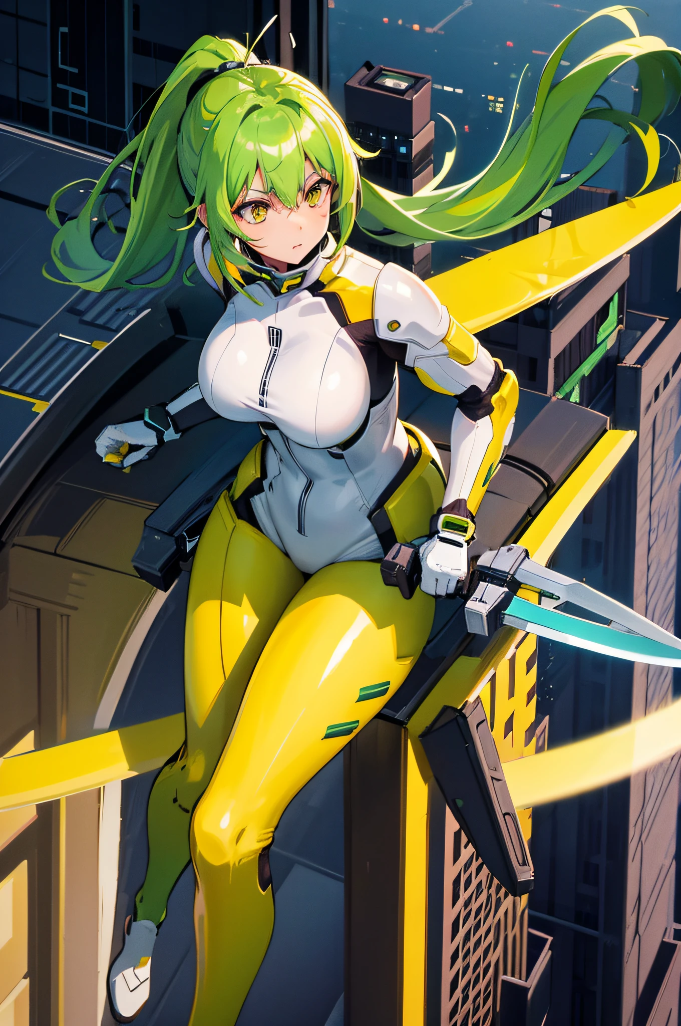 4k,hight resolution,One Woman,Yellow-green hair,Long ponytail,Yellow eyes,large full breasts,White Cyber Suit,knifes,On the roof of a building,dusk sky