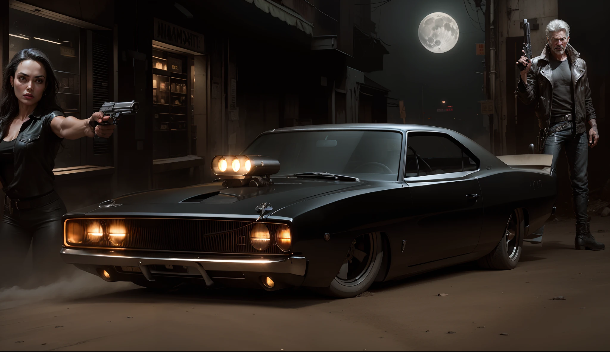 Um imponente Dodge Charger preto, behind a gangster Angelina Jolie holding a pistol and on the other side a bandit Harrison Ford standing holding a pistol, in the background a gloomy alley with a full moon shining on objects in A dieselpunk dystopian futuristic metropolis with lots of Art Deco architecture, atmosfera sombria, lighting dramatic, foco nítido, qualidade 8k, Foto RAW