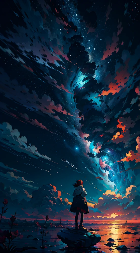 Anime girl standing on a rock looking at a sky full of stars, Makoto Shinkai Cirilo Rolando, Anime Art Wallpaper 4K, Anime Art Wallpaper 4K, Anime Art Wallpaper 8K, cosmic skies. por makoto shinkai, inspirado em Cyril Rolando, No estilo Dan Mumford obra de arte, paper awesome wallpaper, por Yuumei