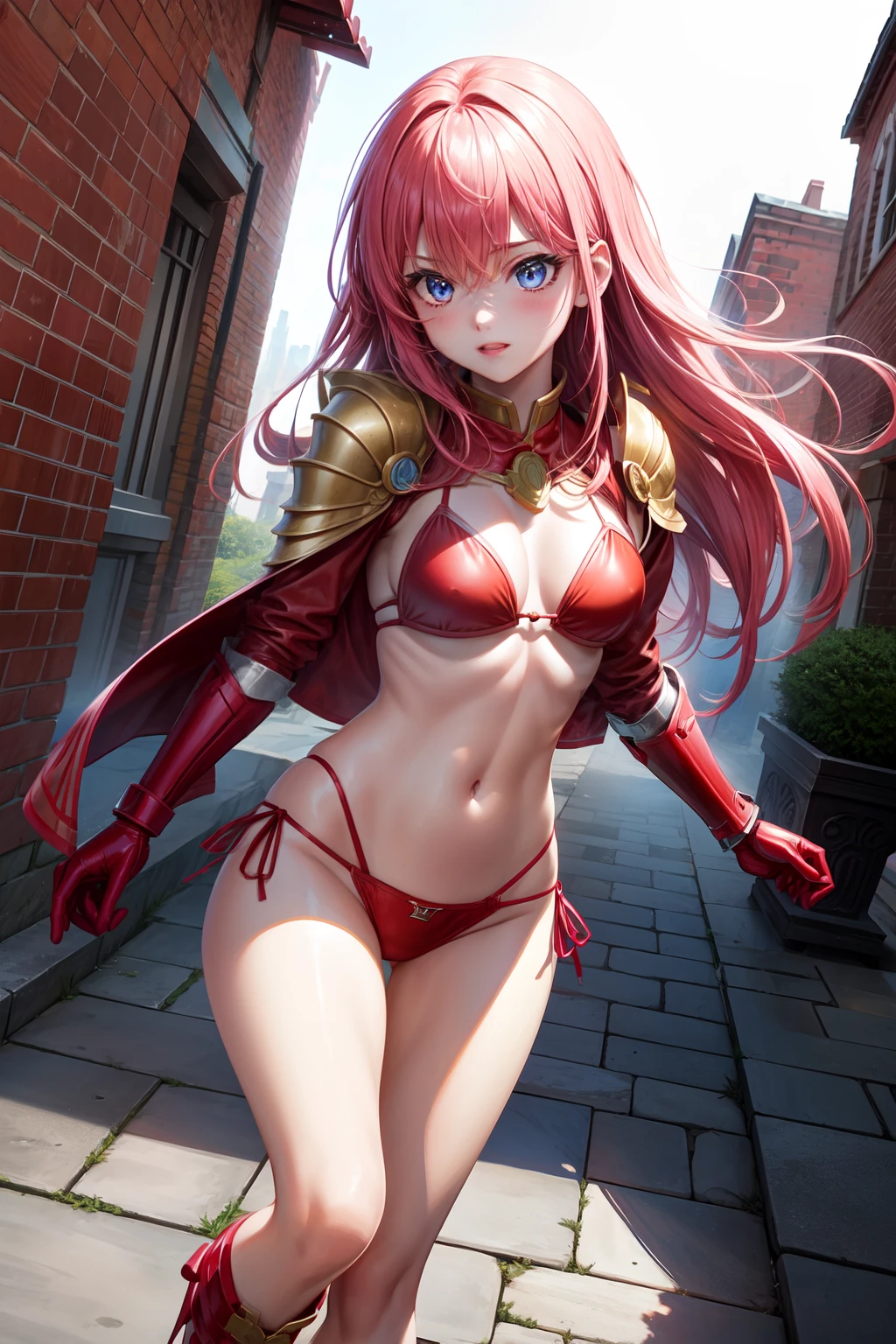 1womanl, top-quality、lighting like a movie、Pink hair long、Red Bikini Armor、Red Bikini Armor、blue eyess、red iron shoes、red iron gloves、stone pavement、Brick wall、open one's legs、embarrassed from、