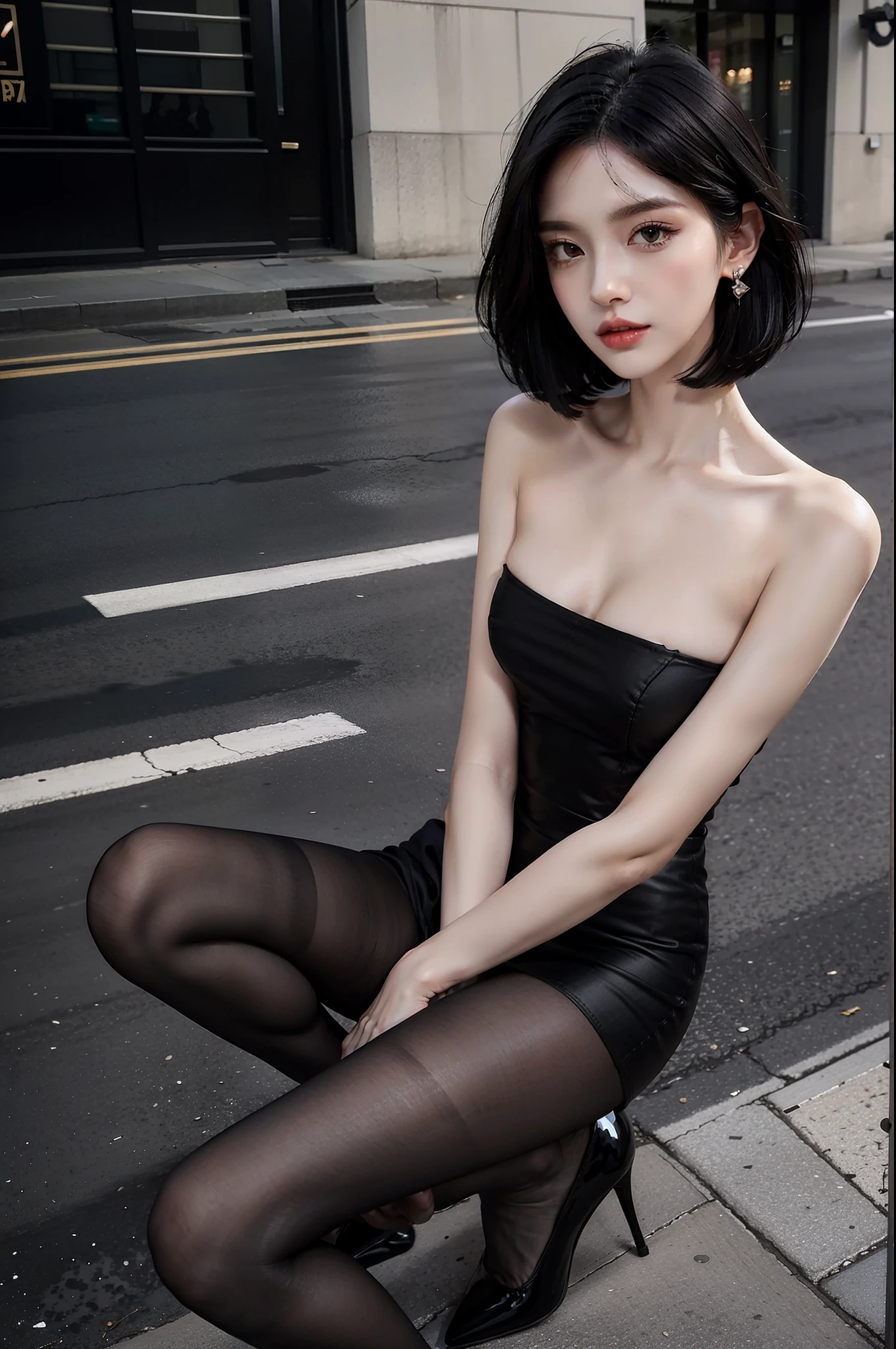 shoulder length straight black bob hair，Heavy makeup，Stiletto pointed toe heels，Transparent colorless flesh silk pantyhose，ear studs，Long legs，8K，On the street，In the daytime，Sexy clothes,small face,small head,small breasts,slim,thin
