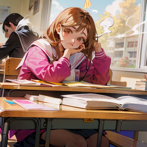 there are two women sitting at a table with books and pencils, in a classroom, sitting in the classroom, standing in class, estefania villegas burgos, cl, art student, student, in a school classroom, lorena avarez, 2. smoking, by Verónica Ruiz de Velasco