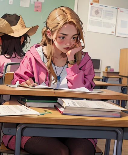 there are two women sitting at a table with books and pencils, in a classroom, sitting in the classroom, standing in class, estefania villegas burgos, cl, art student, student, in a school classroom, lorena avarez, 2. smoking, by Verónica Ruiz de Velasco