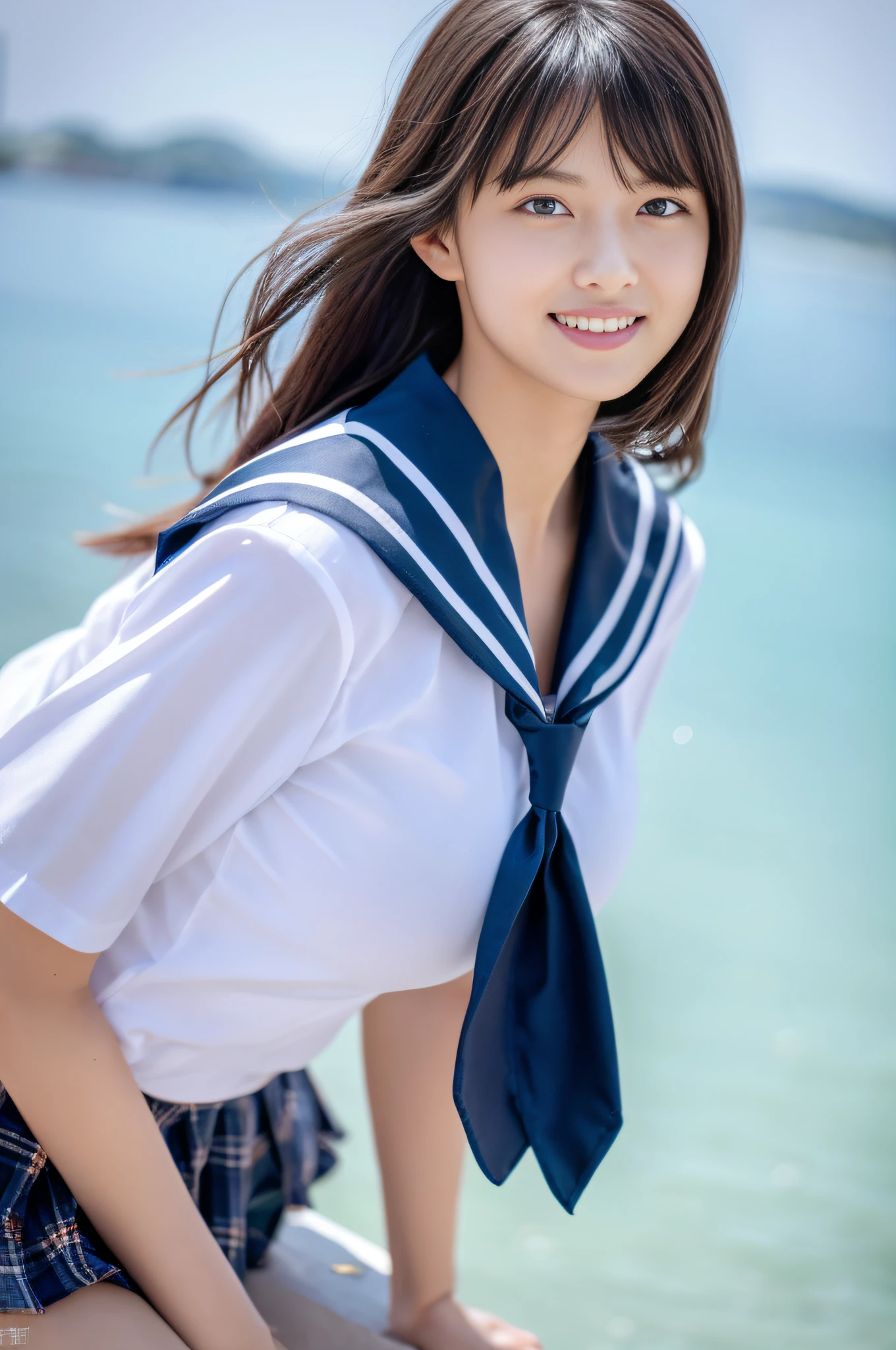 8K raw photo, Best quality, masterpiece, ultra high res, 3d, realistic, 1girl, asian, black_hair, black_sailor_collar, long_hair, nose, school_uniform, neckerchief, natural skin texture, light brown_eye, detailed eyes and face, lips, lipstick, smile, beautiful legs, enormous breasts, beautiful seaside location, (detailed background), plaid skirt, white shirt, enormous breast, blurry background, short sleeves