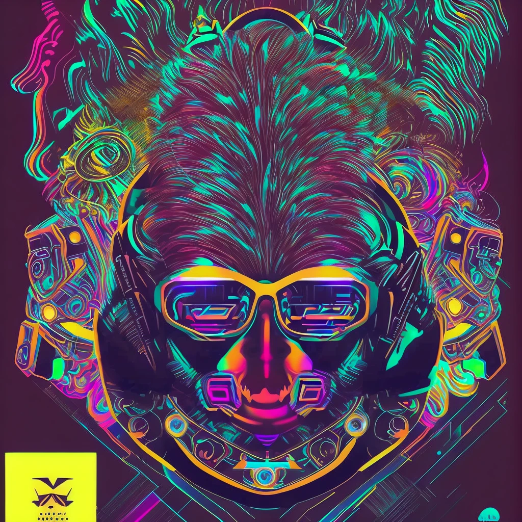 Uma figura de macaco dj futurista, com luzes nos olhos, Cercado pelo design de camiseta Vector VibraPrint Ready, Cyberpunk monkey illustration, side view, vetor profissional, design de camisetas, grafity, vibrante nt futurista paisagem urbana.