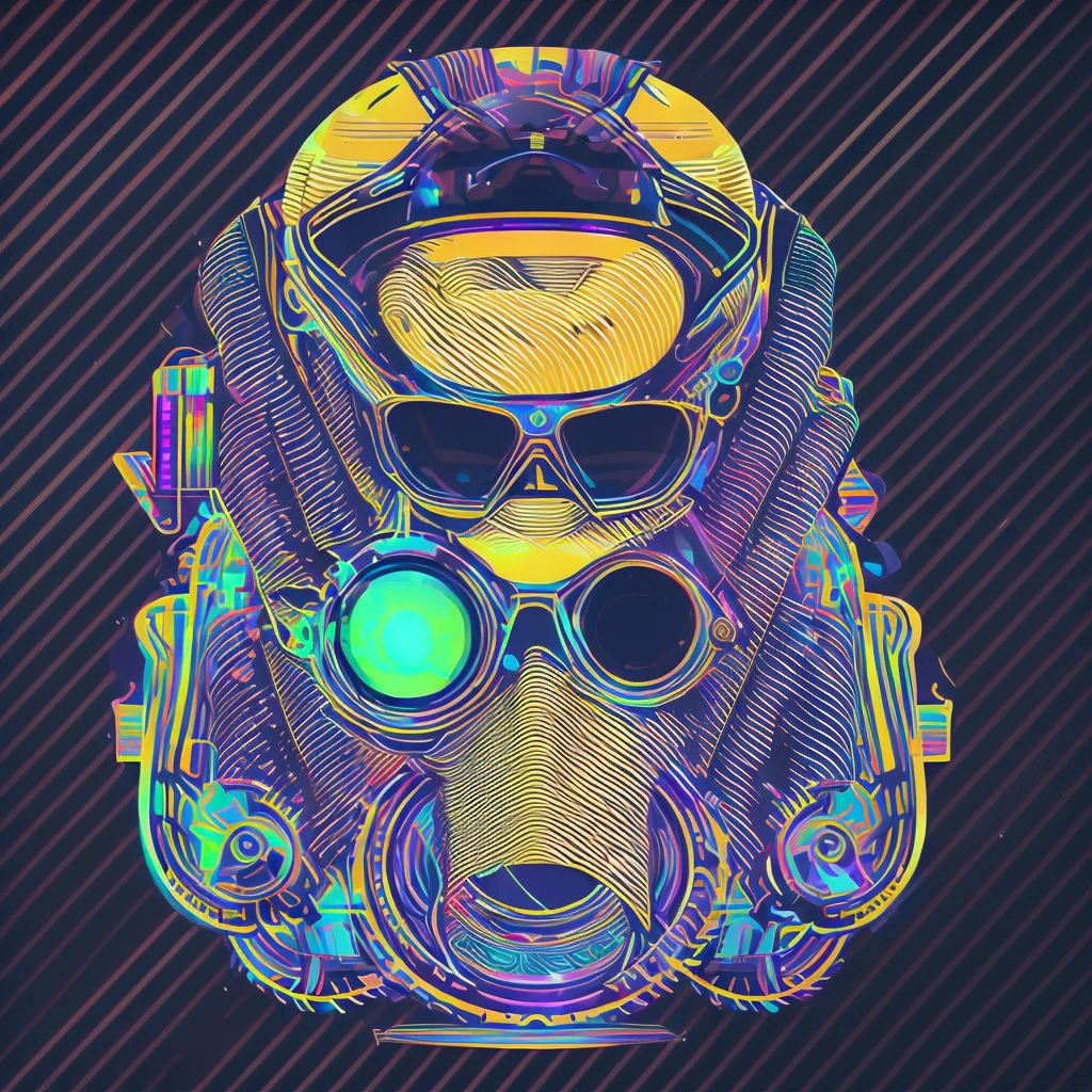 Uma figura de macaco dj futurista, com luzes nos olhos, Cercado pelo design de camiseta Vector VibraPrint Ready, Cyberpunk monkey illustration, side view, vetor profissional, design de camisetas, grafity, vibrante nt futurista paisagem urbana.