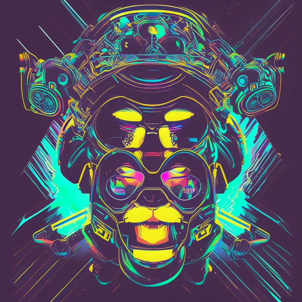 Uma figura de macaco dj futurista, com luzes nos olhos, Cercado pelo design de camiseta Vector VibraPrint Ready, Cyberpunk monkey illustration, side view, vetor profissional, design de camisetas, grafity, vibrante nt futurista paisagem urbana.