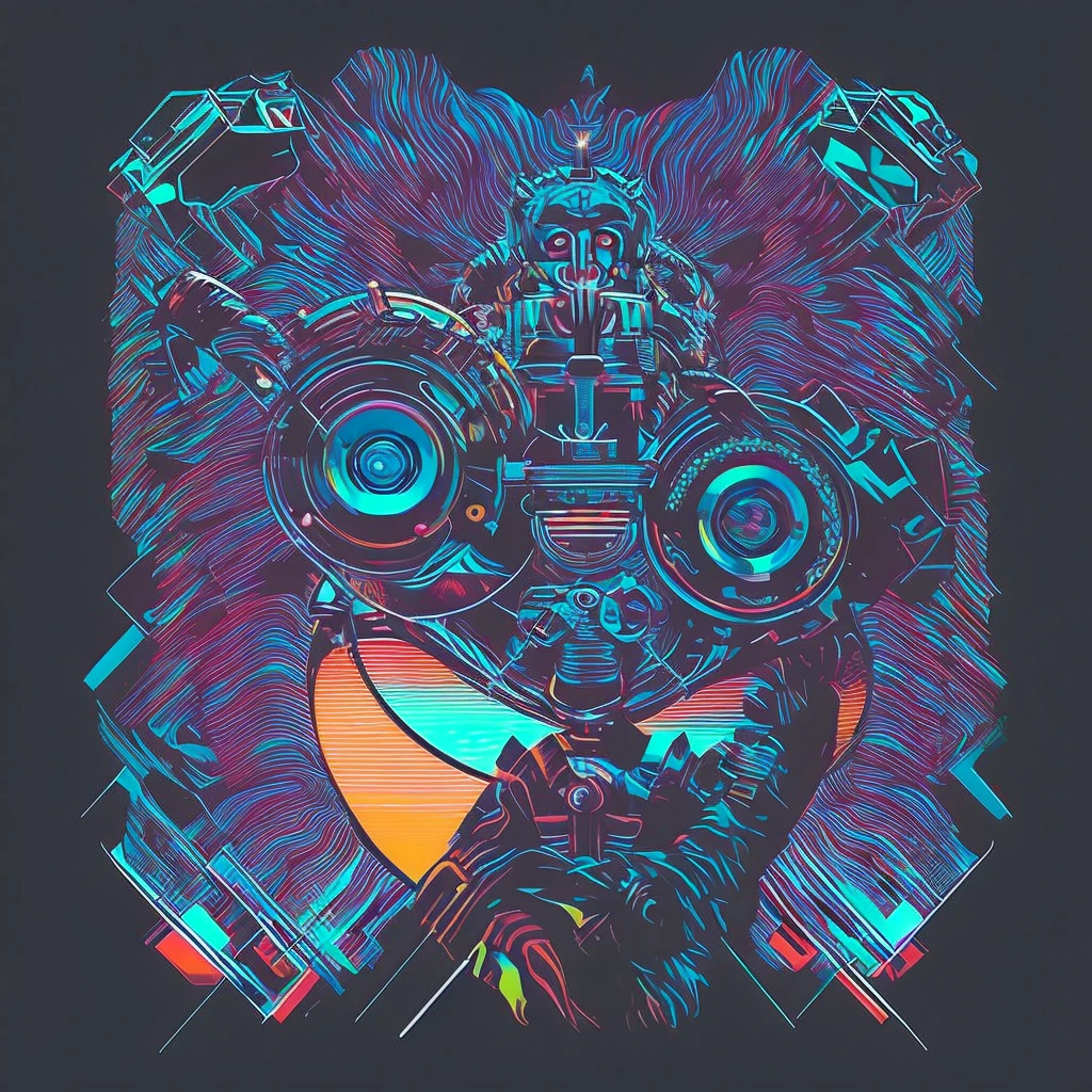 Uma figura de macaco dj futurista, com luzes nos olhos, Cercado pelo design de camiseta Vector VibraPrint Ready, Cyberpunk monkey illustration, side view, vetor profissional, design de camisetas, grafity, vibrante nt futurista paisagem urbana.