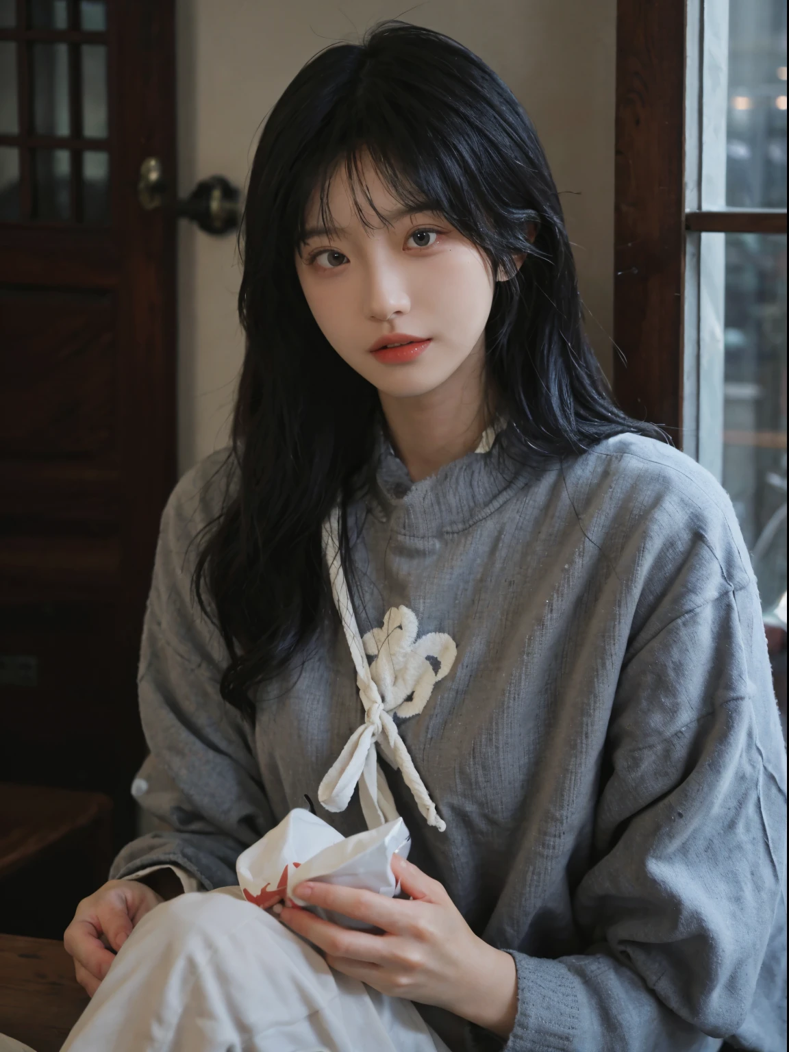 Best quality, 超高分辨率, (realistically:1.4), A woman with long black hair and a gray sweater, The medium scene is, In a ray of sunlight,She has black hair,through bangs, young lovely Korean faces, Cute Korean face, Urzans, Shin Jinying, beautiful aesthetic face, Korean facial features, Played by Liu Li Zhien ,beautiful realistic face