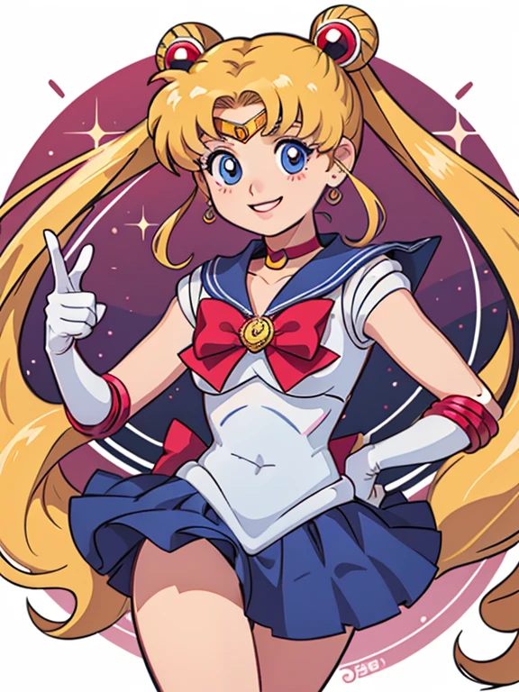 Sticker, 2d sticker, vector style, vector design, Tsukino usagi kawaii style, sailor moon cute, big eyes, smiling, simple background, inside a circle.