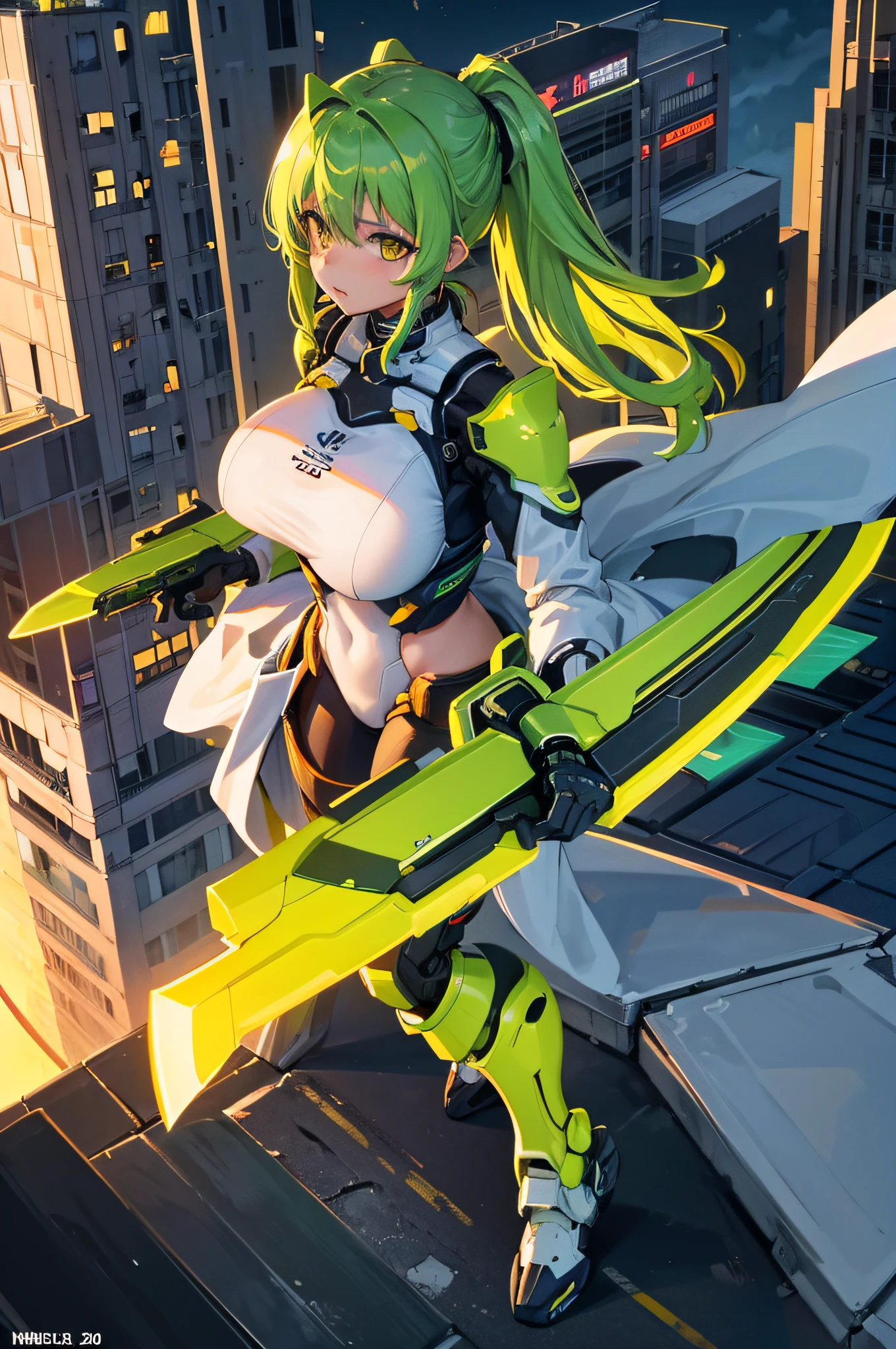 4k,hight resolution,One Woman,Yellow-green hair,Long ponytail,Yellow eyes,large full breasts,mecha musume,White Cyber Suit,knifes,On the roof of a building,dusk sky