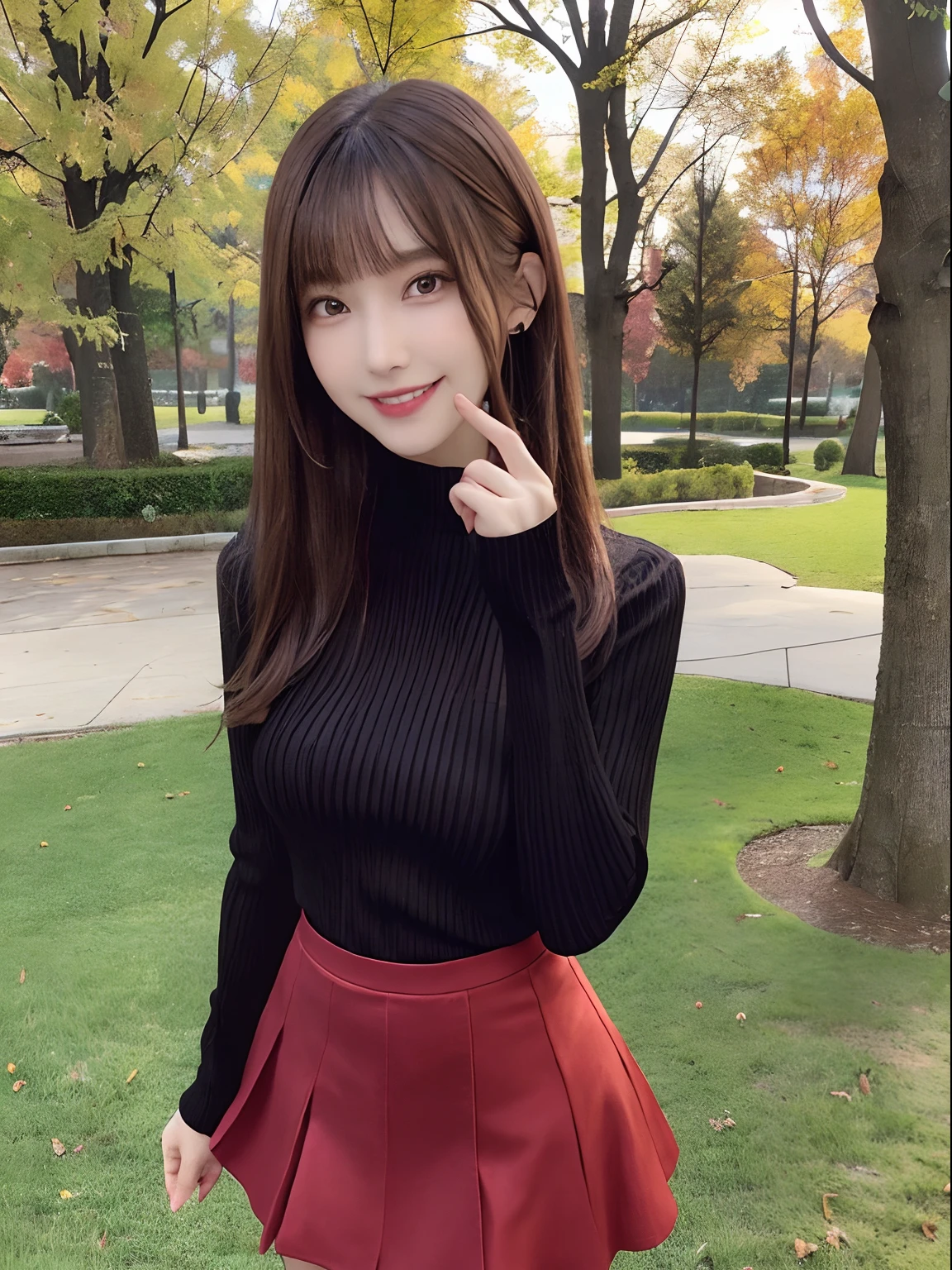 23 is a novel, wavy black hair、beige turtleneck sweater, plump nipples、long pleated skirt of dark blue color,medium milk, cute smile、beautiful necklace、black high heels、sexy lace panties、Visible shot of the whole body、on the grass in the park、Cute smile with upward glances、Spread your legs wide