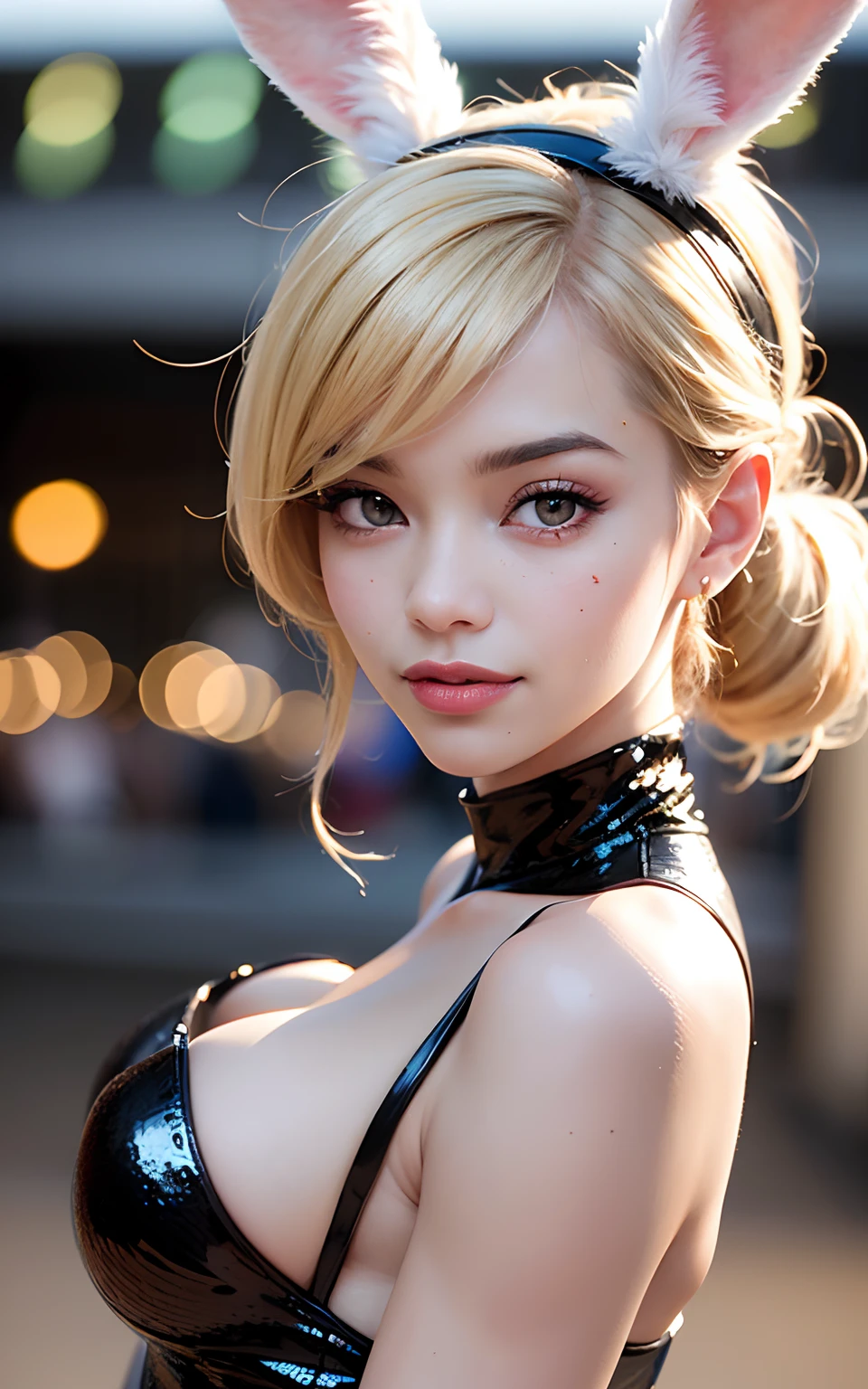 (Realistic, Photorealistic: 1.37), (8k, RAW Photos, Best Quality, Masterpiece: 1.2), Very Cute Woman, Ultra Detailed, Heart-Shaped Pupil, Physically Based Rendering, Ultra High Resolution, Kodak Vision Color, Shot with Arricam LT Camera, Bokeh, Sharp Focus, ((Correct Anatomy: 1.2)), ((Rita Ora)) Watch Viewer, Real, Solo, Photorealistic, top quality, highly detailed face, (sequins, black bunny suit, rabbit ear shaped hairband: 1.2)), ponytail, highly detailed eyes and face, beautiful detailed eyes, double eyelids, (((unforgettable smile: 1.2)), red cheeks, hair fluttering in the wind, ((upper body)), (casino, background blur)), big, cute random pose