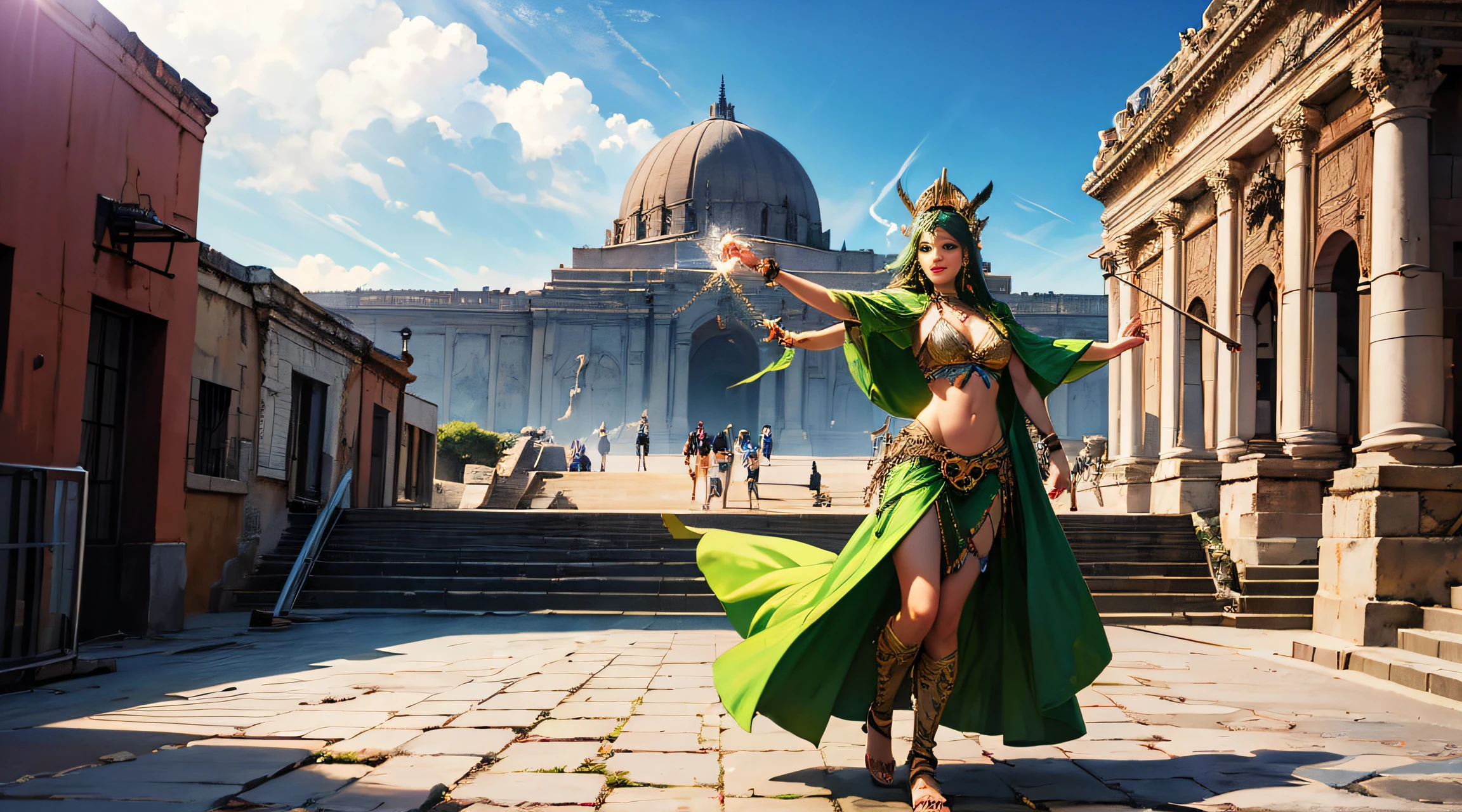 4k, high resolution, high detail, hiperrealistic. Aztec god Quetzalcoatl, human, male, anatomically correct, defined face, precise correct anatomy, full body, warrior, heavenly, beautiful, young, royal, with wings, smiling, majestic, deity, stunning, elegant, celestial, amazing, astonishing, he is wearing Aztec clothing with jade stone decorations, a plume on his head, a green cape, a quetzal feather necklace, leather sandals, wings and hand armor, he is facing the viewer with open arms and holding in his right hand a scepter with a jade stone at the tip and in his left hand a levitating orb of light. In the background is Teotihuacan and its pyramids, in the sky the bright sun, fog on the ground. Mythology, fantasy art, digital painting, dark fantasy.