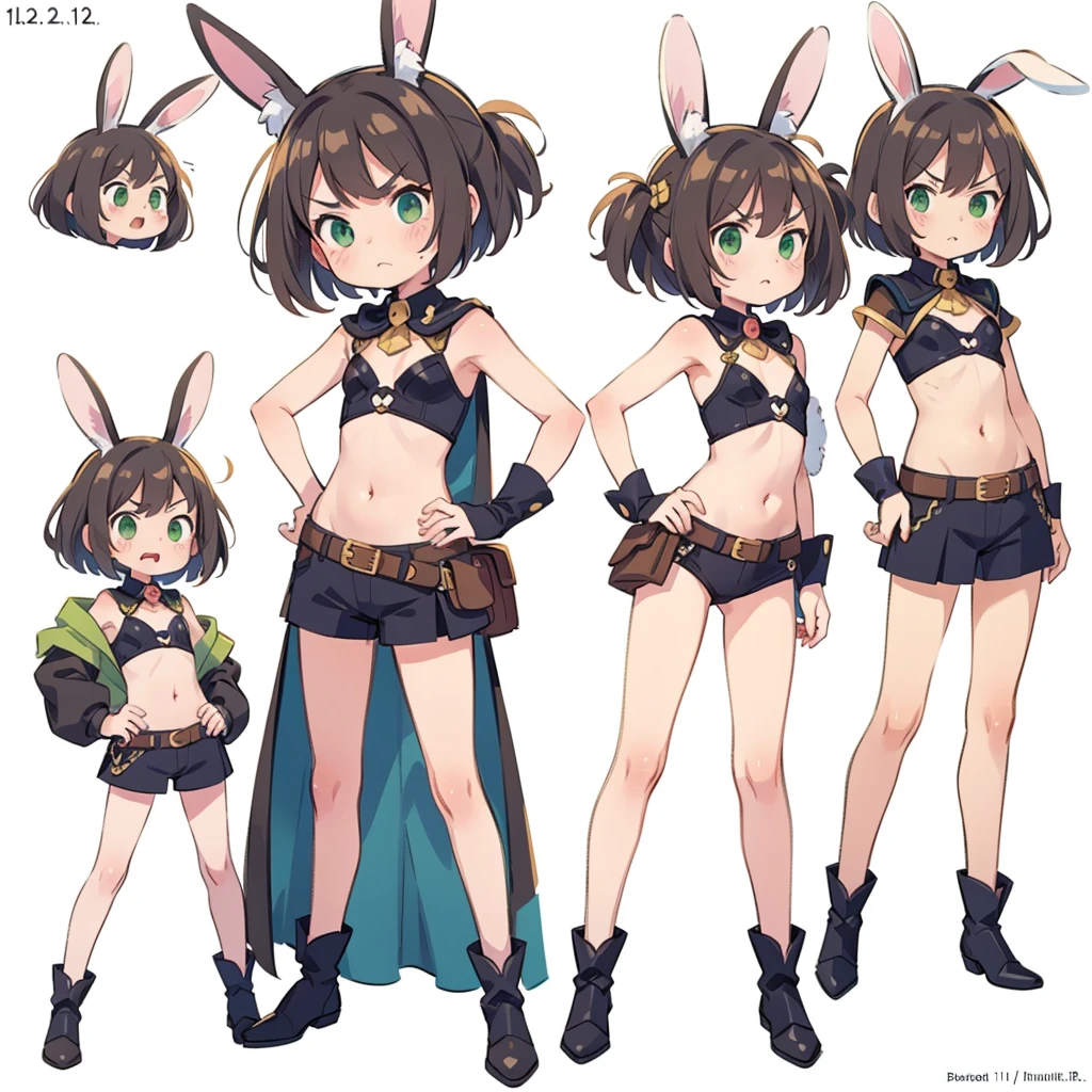 6 poses, Bruce Timm style, slightly angry expression, Bruce Timm style, anthropomorphic female rabbit, tan body, short shaved hair, cute, loli, rabbit ears, white_ear_fluff:1.2, pink_nose:1.2, green eyes, standing pose character sheet, posing playfully,full body shot, very short, cute flat chest, petite, 13 years old, sexy pose, exposed midriff, sexy fantasy armor,