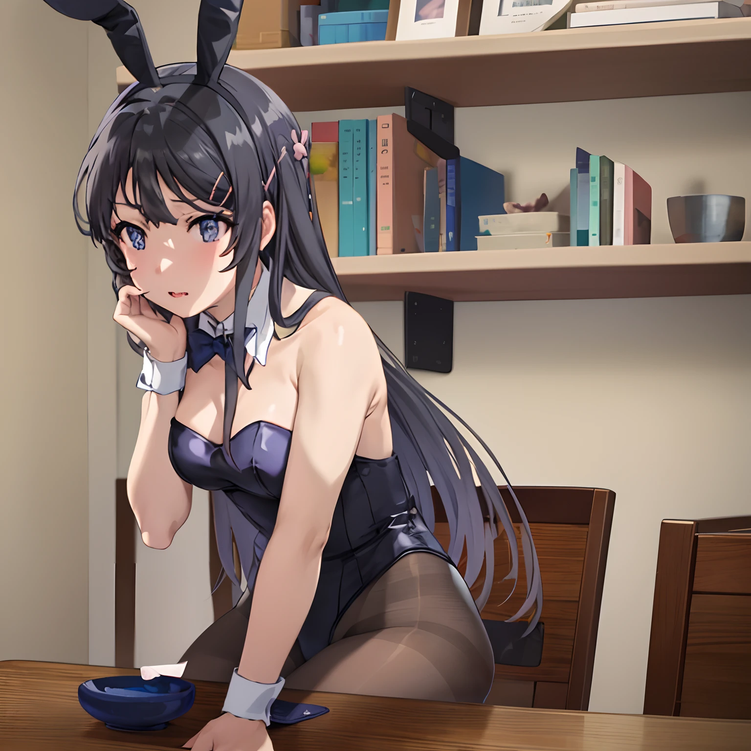 MS, 1girl, alone,Mai sakurajima ,strapless leotard, bowtie, wrist cuffs, pantyhose, rabbit ears, sitting on table, (((hand against face))), perfect quality, good quality, masterpiece, HDR, UHD ,