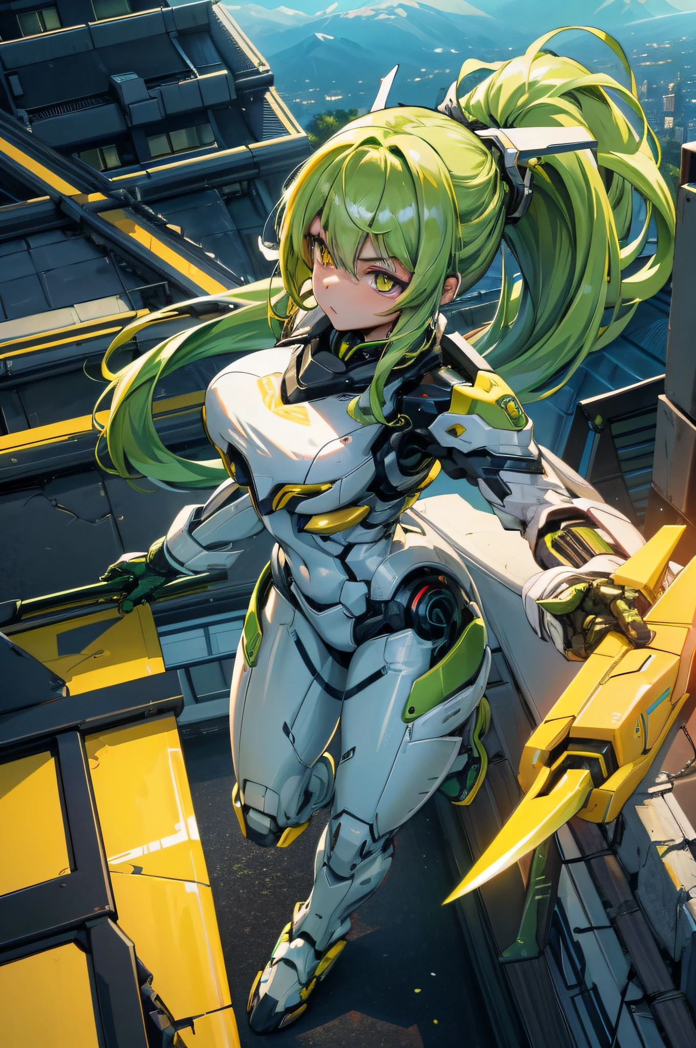 4k,hight resolution,One Woman,Yellow-green hair,Long ponytail,Yellow eyes,large full breasts,mecha musume,White Cyber Suit,knifes,On the roof of a building,dusk sky
