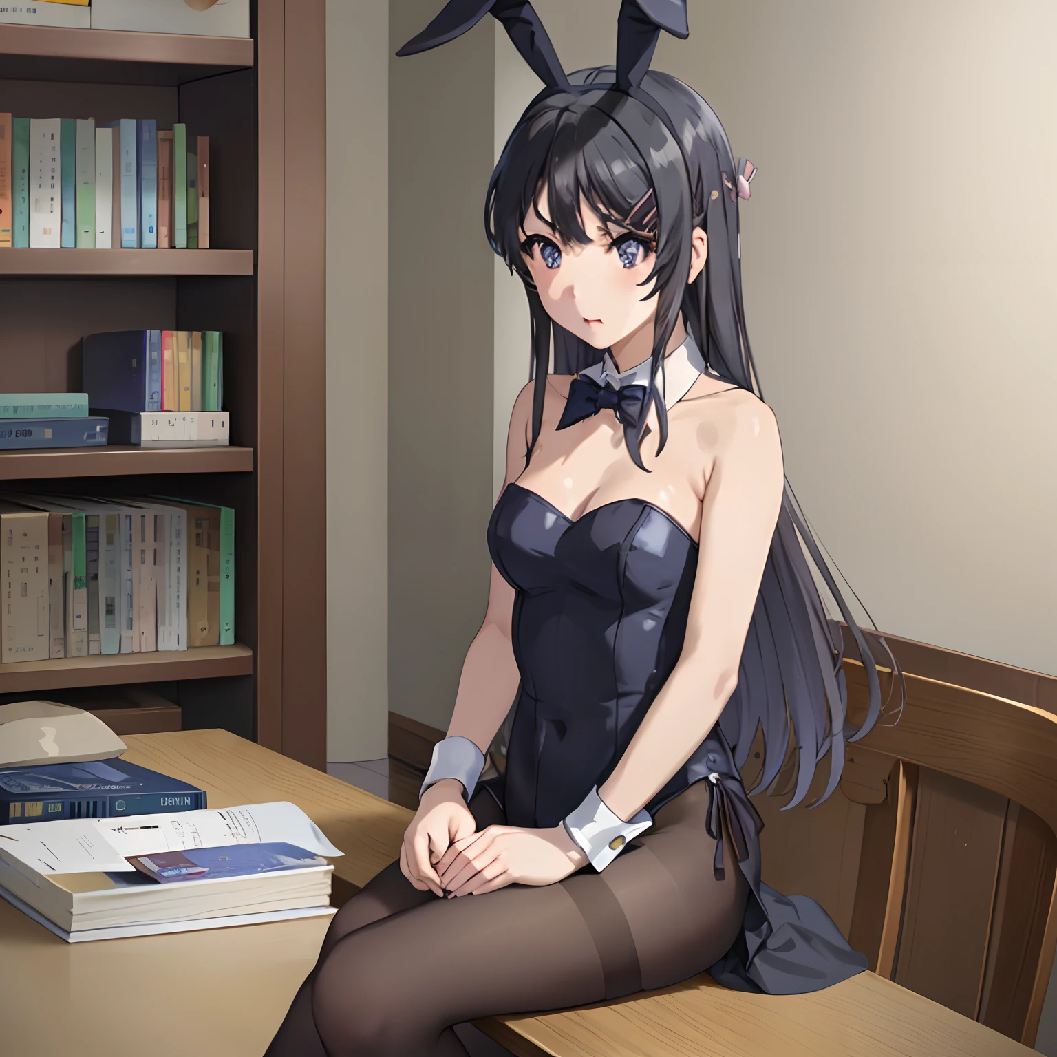 MS, 1girl, alone,Mai sakurajima ,strapless leotard, bowtie, wrist cuffs, pantyhose, rabbit ears, sitting on table, (((hand against face))), perfect quality, good quality, masterpiece, HDR, UHD ,