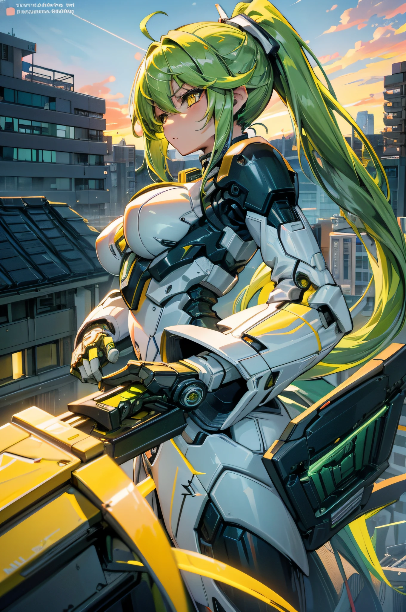 4k,hight resolution,One Woman,Yellow-green hair,Long ponytail,Yellow eyes,large full breasts,mecha musume,White Cyber Suit,knifes,On the roof of a building,dusk sky