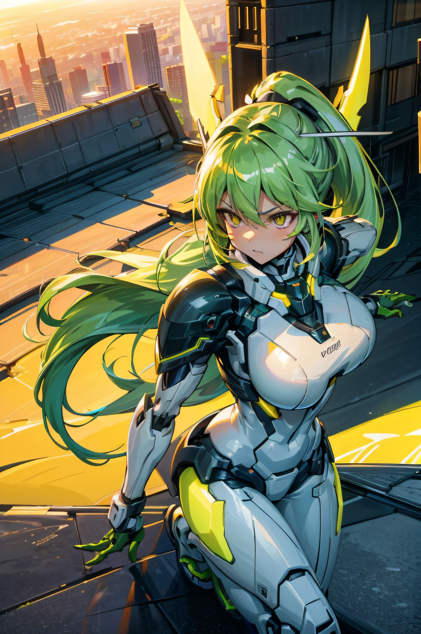 4k,hight resolution,One Woman,Yellow-green hair,Long ponytail,Yellow eyes,large full breasts,White Cyber Suit,knifes,On the roof of a building,dusk sky