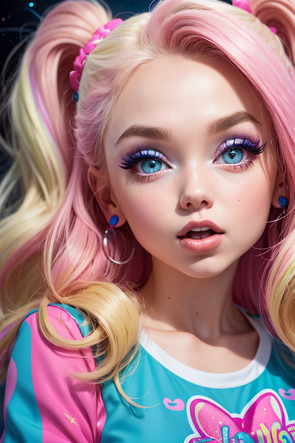 Brec Bassinger blond woman with pink and blue makeup and a pink and blue jacket, blonde girl in a cosmic dress, cartoon look, ava max, Brec Bassinger face!!, blonde hair and large eyes, lisa frank style, long blonde hair and large eyes, ahegao face, alexa grace, wearing atompunk jumpsuit, inspired by Lisa Frank