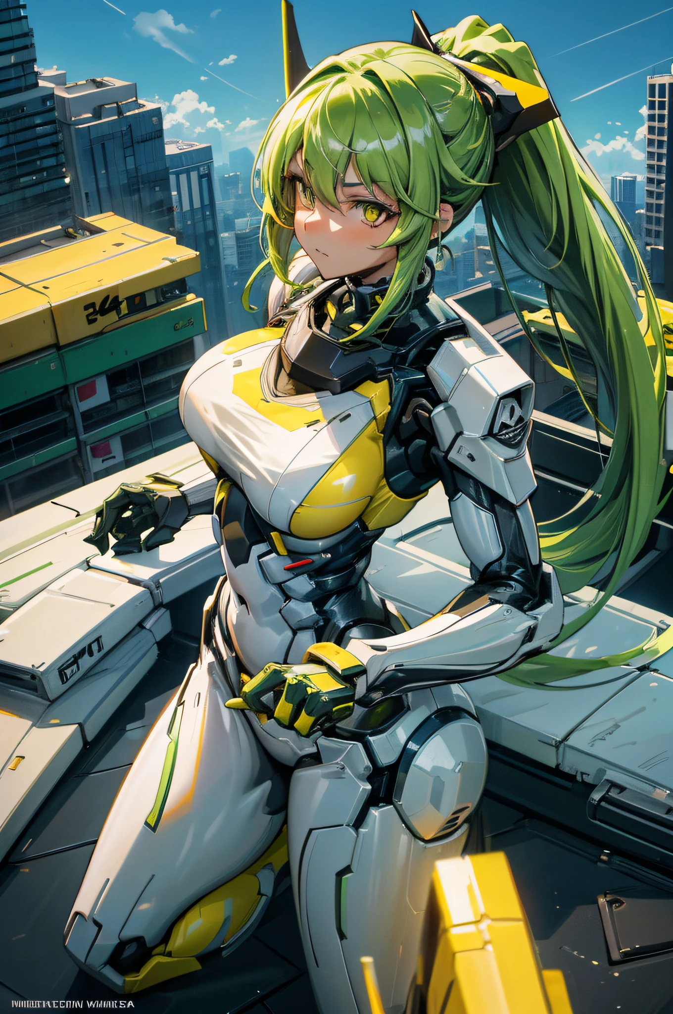 4k,hight resolution,One Woman,Yellow-green hair,Long ponytail,Yellow eyes,large full breasts,mecha musume,White Cyber Suit,knifes,On the roof of a building,dusk sky