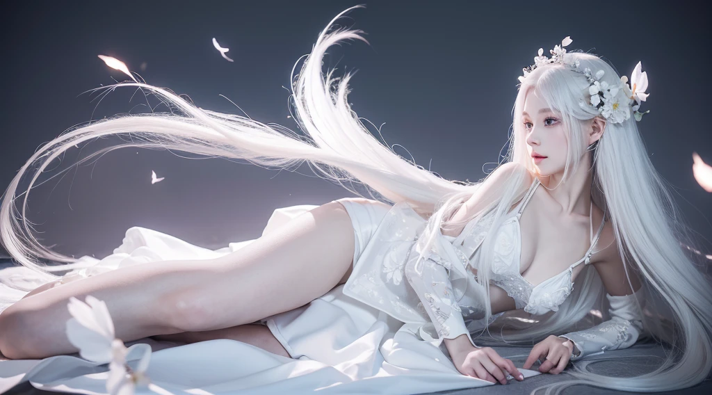 dragon girl,cool ，Noble classical，Long white hair，ellegance，Pure desire，8k CG wallpaper，Cool white skin，tmasterpiece，diadems，white flower hair ornament，White evening dress