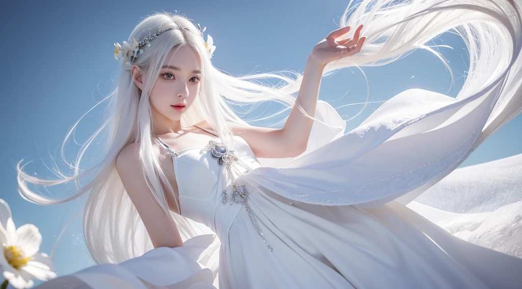dragon girl,cool primary school student,Noble classical,Long white hair,ellegance,Pure desire,8k CG wallpaper,Cool white skin,tmasterpiece,diadems,white flower hair ornament,White evening dress