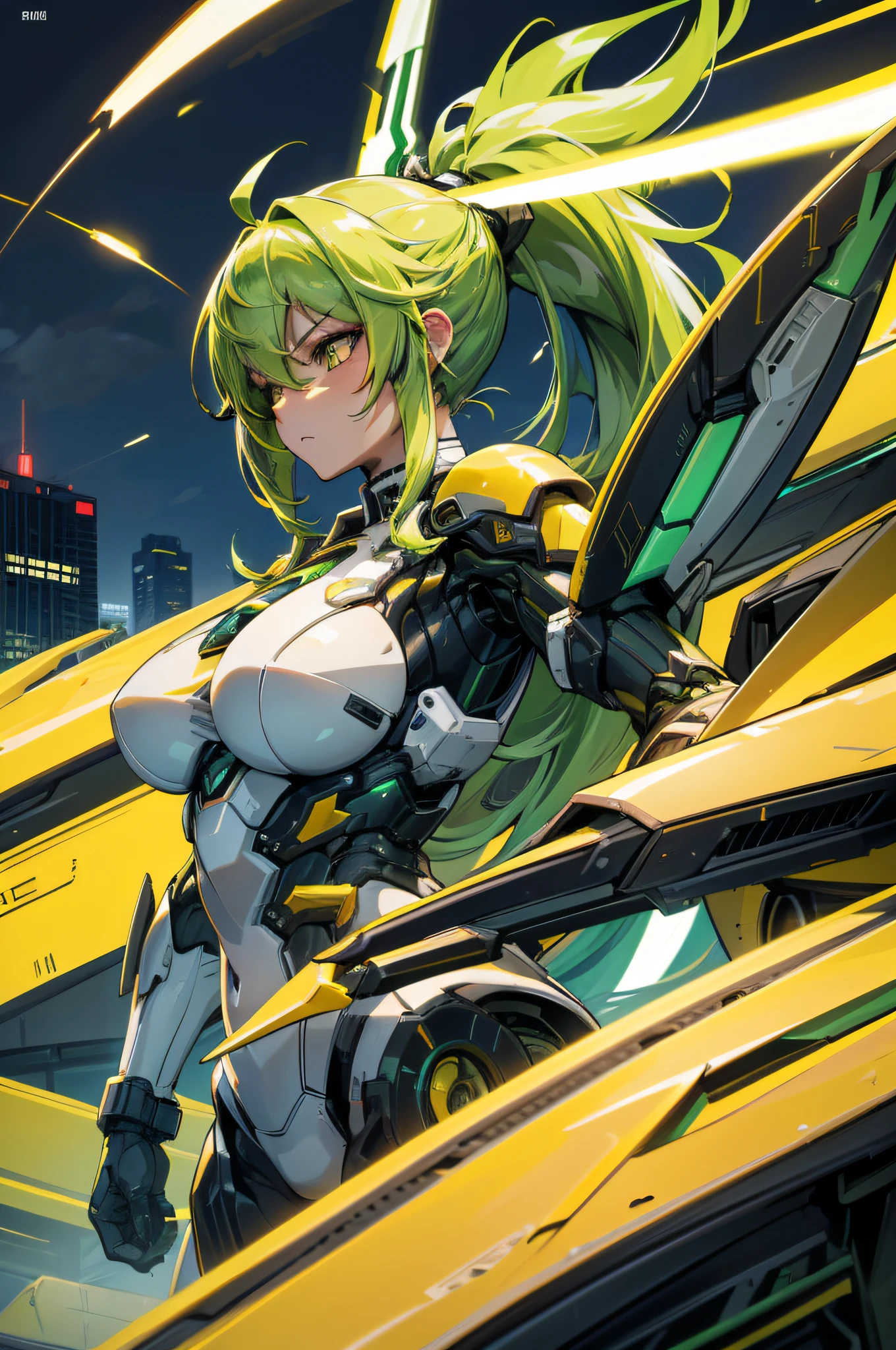4k,hight resolution,One Woman,Yellow-green hair,Long ponytail,Yellow eyes,large full breasts,mecha musume,White Cyber Suit,knifes,On the roof of a building,dusk sky