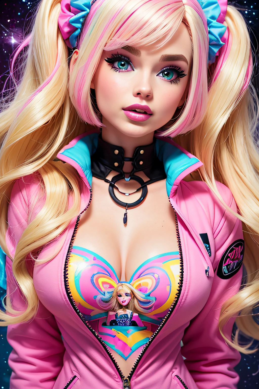 ((BArbie)) blond woman with pink and blue makeup and a pink and blue jacket, blonde girl in a cosmic dress, cartoon look, ava max, Brec Bassinger face!!, blonde hair and large eyes, lisa frank style, long blonde hair and large eyes, ahegao face, alexa grace, wearing atompunk jumpsuit, inspired by Lisa Frank