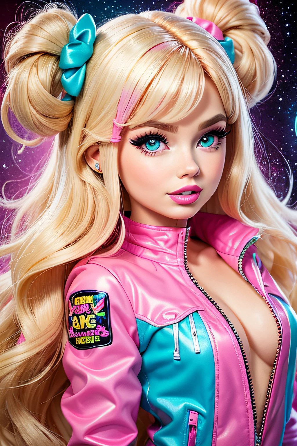 ((BArbie)) blond woman with pink and blue makeup and a pink and blue jacket, blonde girl in a cosmic dress, cartoon look, ava max, Brec Bassinger face!!, blonde hair and large eyes, lisa frank style, long blonde hair and large eyes, ahegao face, alexa grace, wearing atompunk jumpsuit, inspired by Lisa Frank